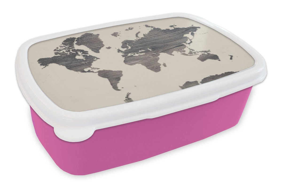 MuchoWow Lunchbox Weltkarte - Grau - Holz, Kunststoff, (2-tlg), Brotbox für Erwachsene, Brotdose Kinder, Snackbox, Mädchen, Kunststoff rosa