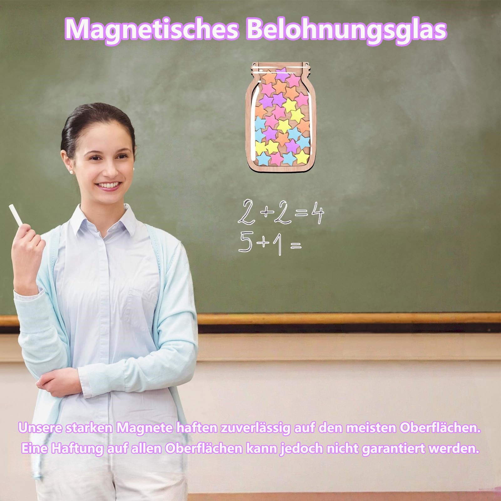 FOUORTUNATE-BEE Magnettafel Belohnungsglas Magnetisch Kinder Belohnungssystem, (Grundschule Lehrerbedarf Belohnungsglas mit Holzhalter und 30 Sterne, Belohnungsglas Klassenzimmer für Gutes)