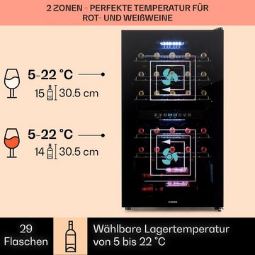 Klarstein Weinkühlschrank Shiraz 29 Duo, für 29 Standardflaschen á 0,75l,2 Zonen Wein Flaschenkühlschrank Weintemperierschrank Weinschrank