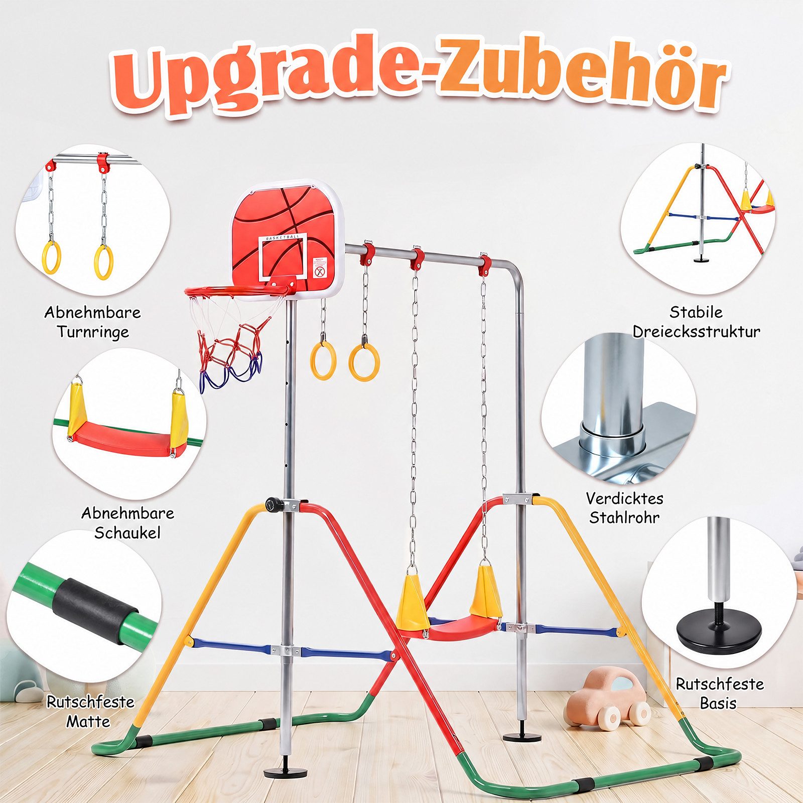 Hausright Turnreck Gymnastikstange Kinder Faltbare Höhenverstellbares Reckstange, (Gymnastikstange, Schaukel, Turnringen & Basketballkorb), Turnreck Indoor Outdoor Horizontale Training Bar Trainingsgeräte
