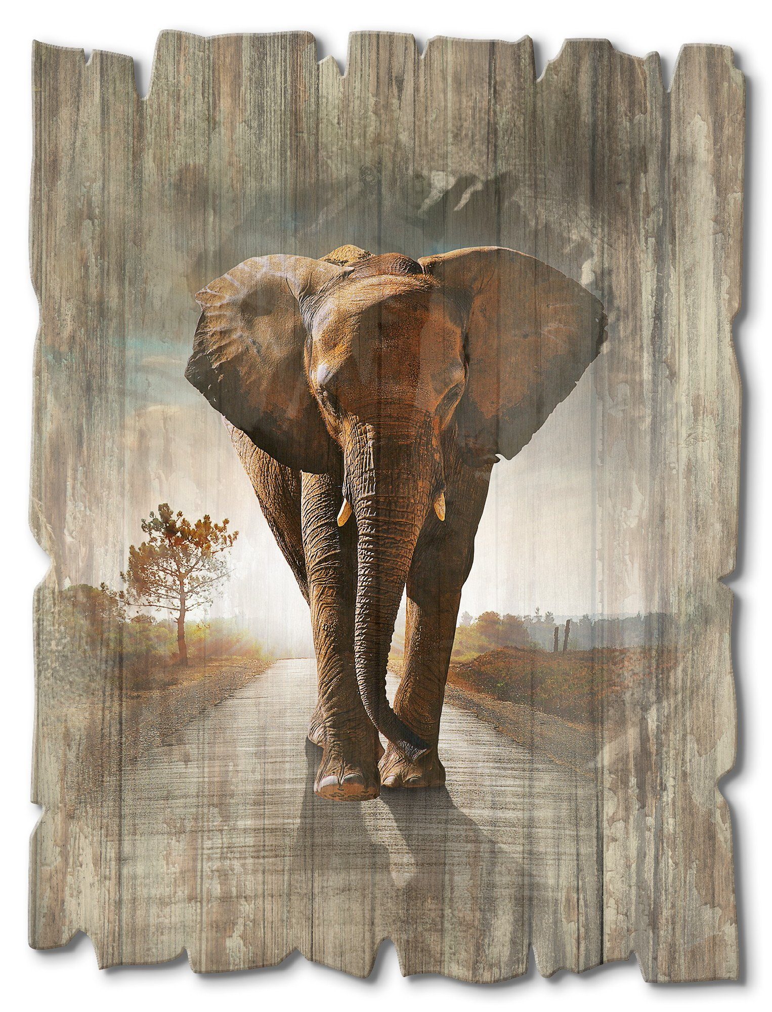 St) auf Straße, Elefant (1 Artland Holzbild läuft der Ein Wildtiere