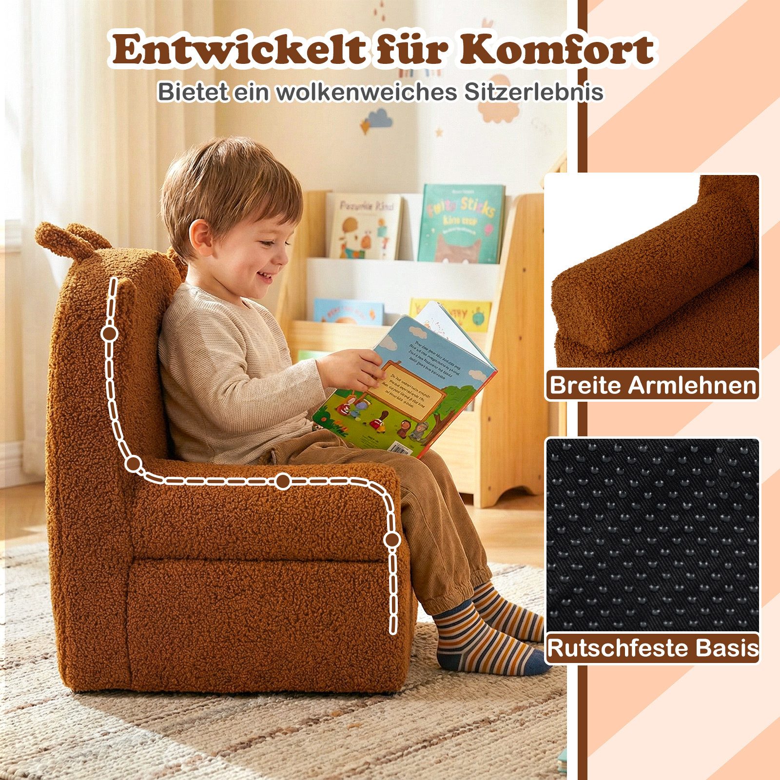 COSTWAY Kindersofa, Kindersessel gepolstert mit Griff, aus Teddystoff