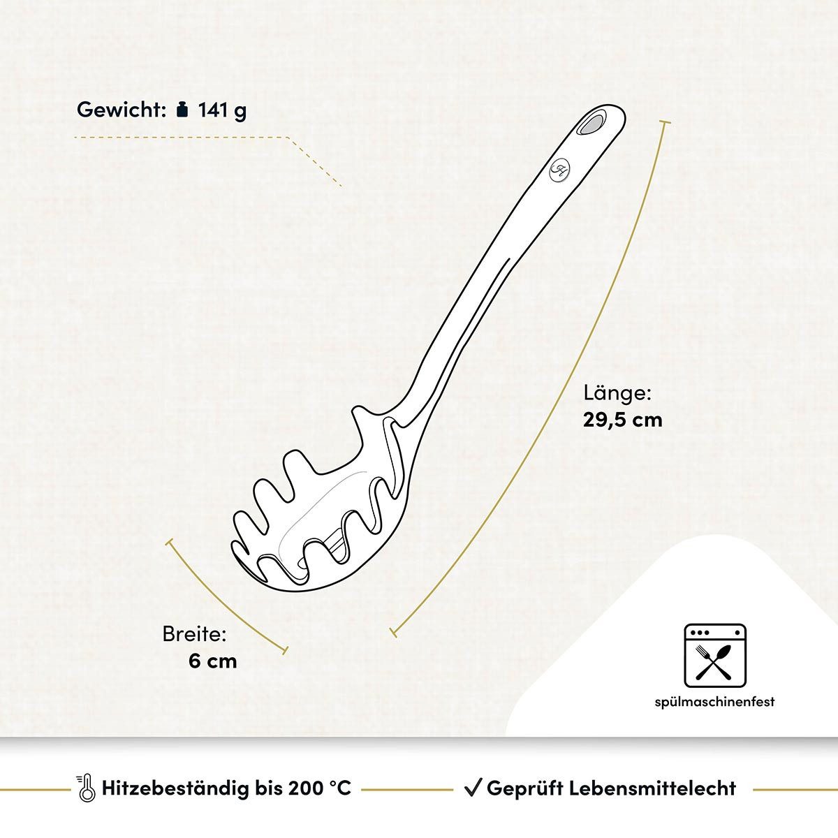 Hoffmann Germany Nudellöffel Pastalöffel Silikon Edelstahl 29,5 cm anthrazit, Portionshilfe 110g, Topfhaken, kratzerfrei, spülmaschinengeeignet – Bild 3 von 5