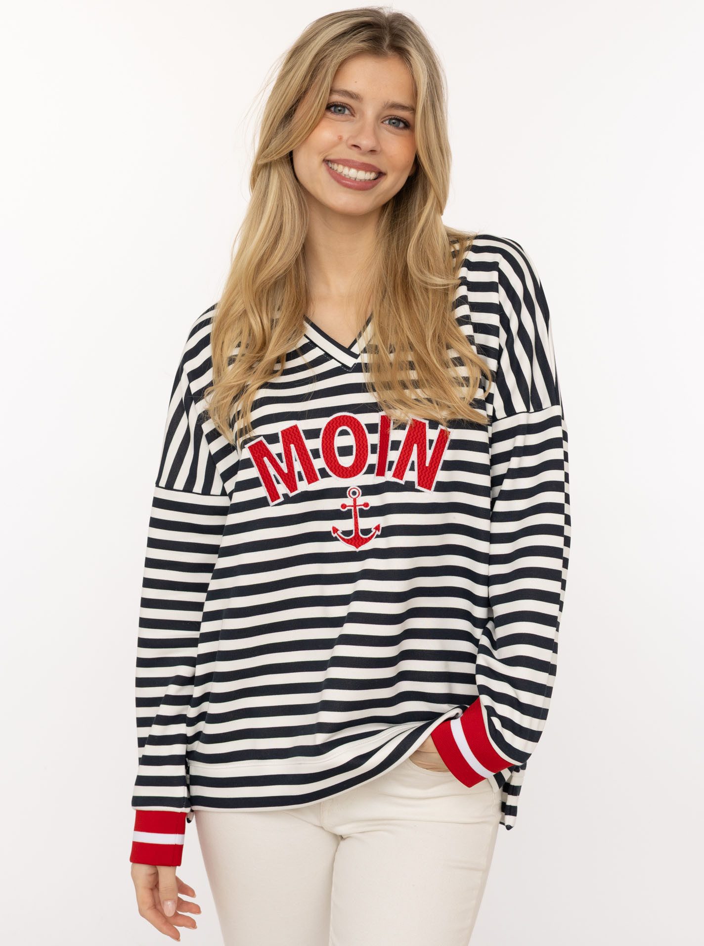 Zwillingsherz Hoodie "Streifen Moin" V-Neck, gestreift, Stickerei mit Anker, gestreifte Bündchen