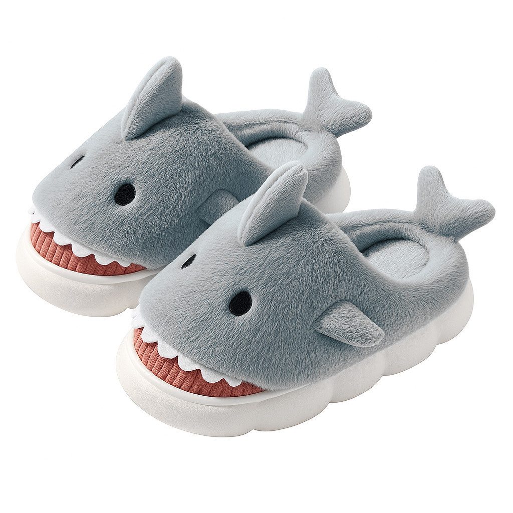 Corimori Flauschige Haifisch Pantoffeln Plüsch Hausschuhe (Packung, Geschenk) rutschfeste Sohle & weiches Innenfutter, Hai Slipper, EU Größe 38-39