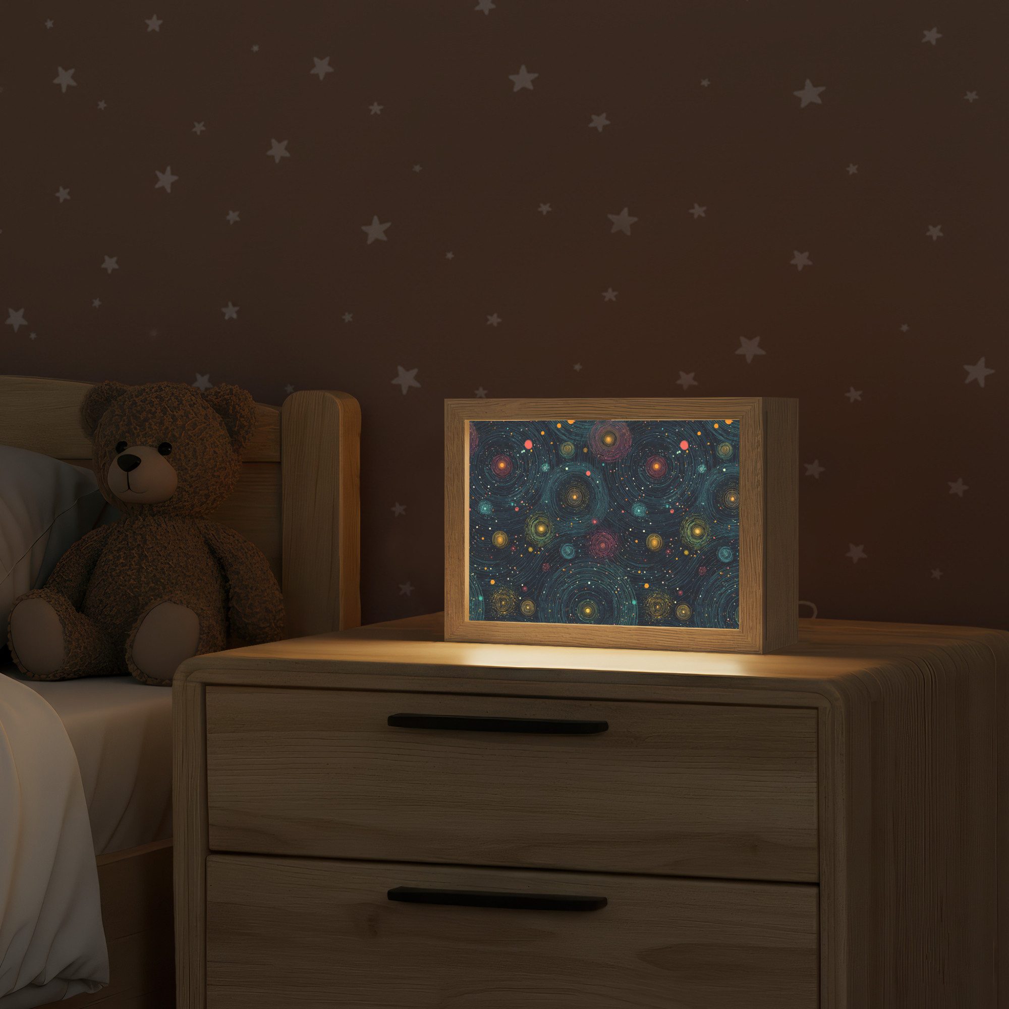 OnlyWow Nachttischlampe Lightbox Sterne - Bunt - Leuchtende Kerne - Jungen, Dimmbar, Farbwechsel, LED, Warmweiß, Kaltweiß, Neutralweiß Einstellbar, Nachtlicht, Kinder- und Babyzimmer, Dimmbar, mit Kabel, Tischleuchte