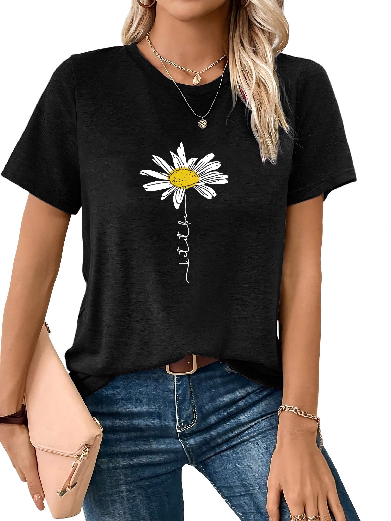 PYLIKE Rundhalsshirt Damen bequemes Sommer Kurzarmbluse Gänseblümchen Print-Shirt Bequem für Freizeit und Büro,Strandurlaub