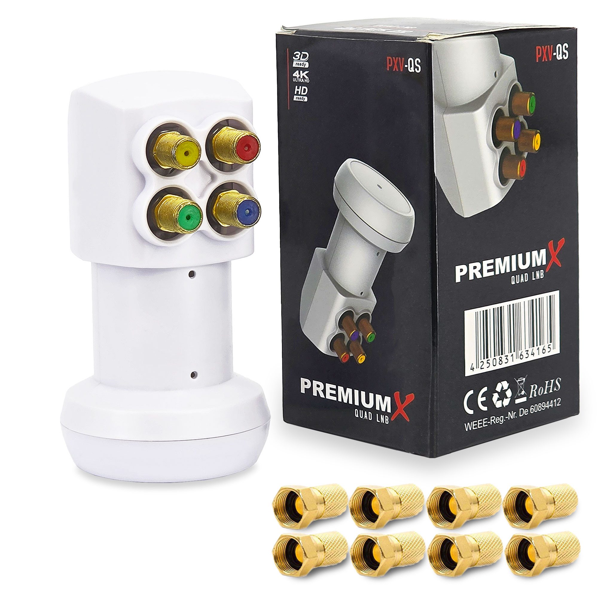 PremiumX PXV-QS Quad LNB SAT für 4 Teilnehmer DVB-S2 HD 4K inkl. 8x F-Stecker Monoblock-LNB