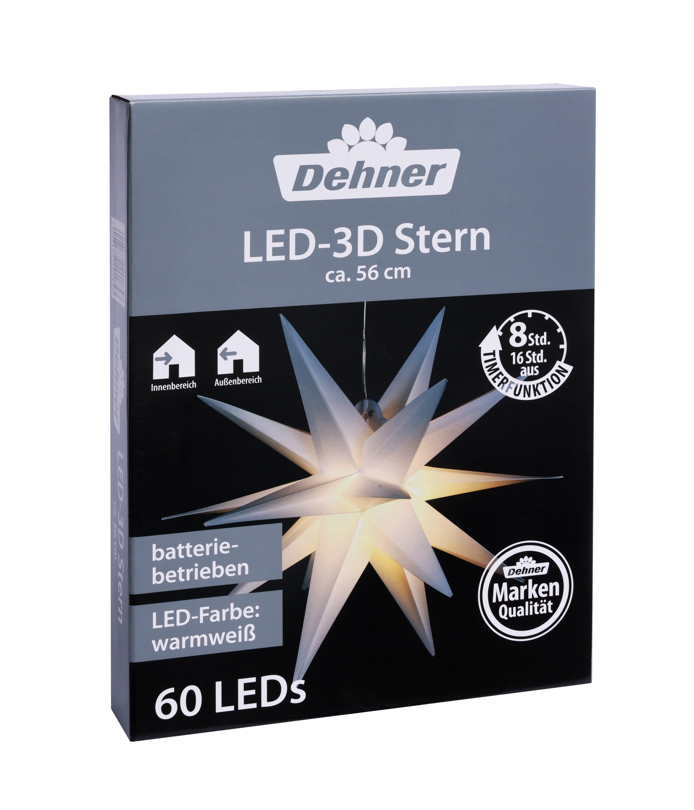 Dehner LED-Lichterkette 3D-LED-Stern, mit 60 warmweißen LEDs, Ø 56 cm, Kunststoff, weiß, Weihnachtsstern inkl. Timer, Indoor und Outdoor