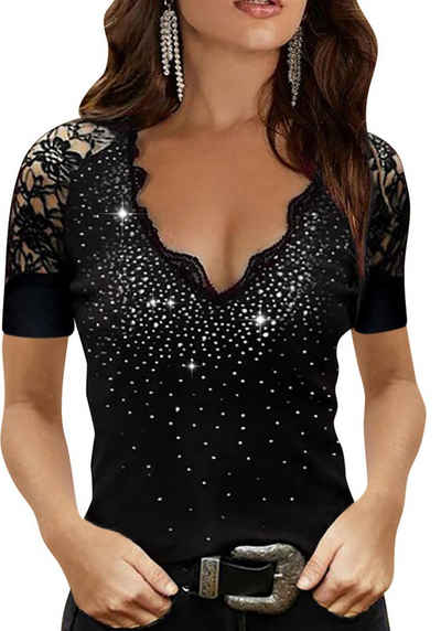 PYL Spitzenshirt Damen V-Shirt,Hot Drill T-Shirt mit Spitze 36-42 Größe