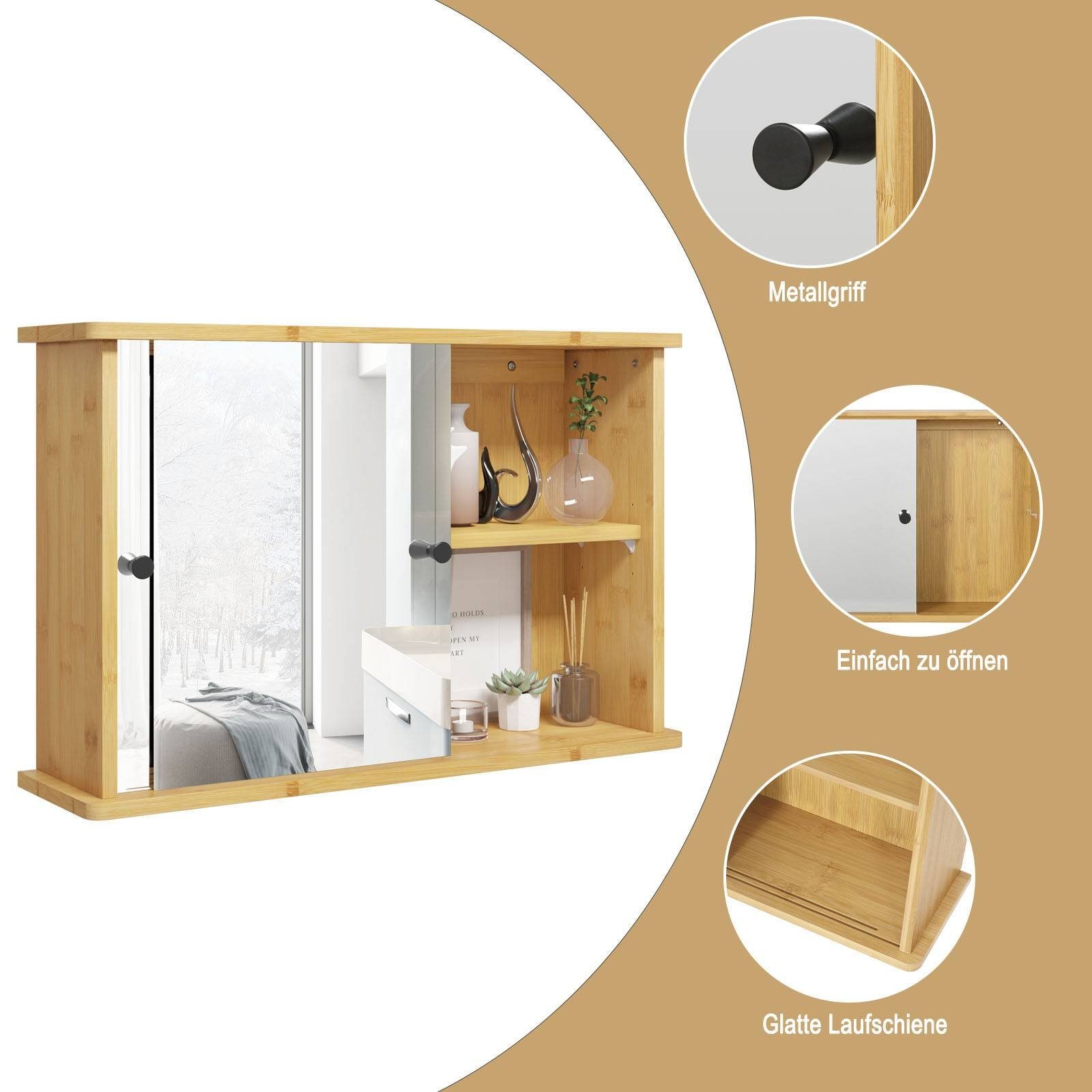 EUGAD aus cm mit Badezimmerspiegelschrank 55x35,5x14 Ablage, Bambus,