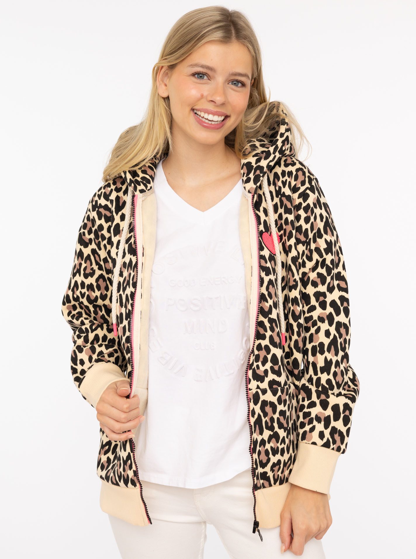 Zwillingsherz Kapuzensweatjacke "Leo AOP" Langarm, Fronttaschen, Reißverschluss, Animal-Muster, modisch