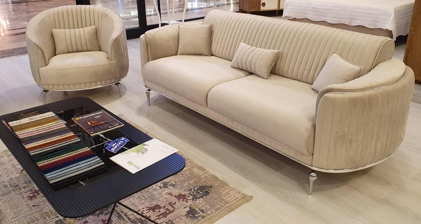 in Dreisitzer, Möbel Sitzer 3-Sitzer Made Europe Sofa Wohnzimmer 3 Modern Weiß JVmoebel Beige Textil