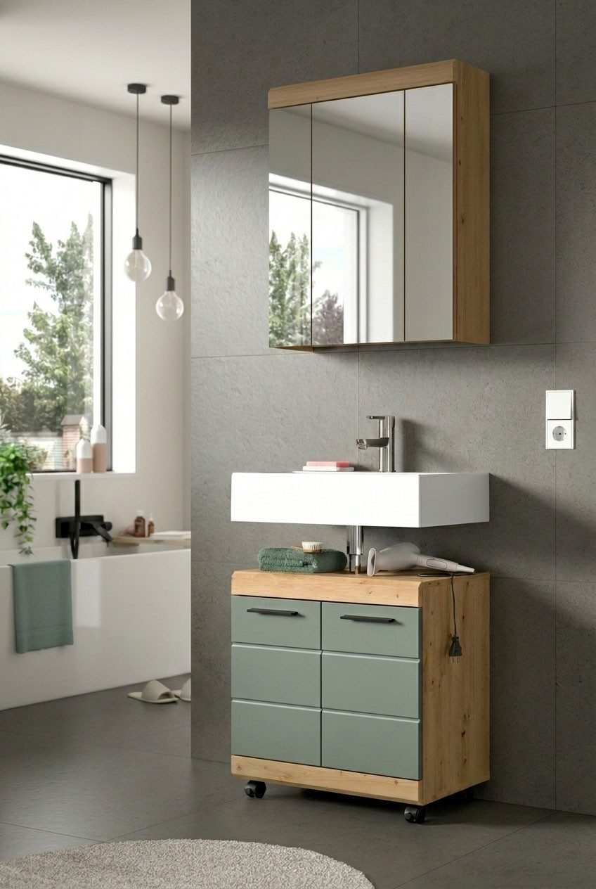 welltime Badmöbel-Set SIENA, 2 tlg., Waschbeckenunterschrank auf Rollen & Spiegelschrank, (2-St., TOPSELLER), in verschiedenen Farben erhältlich, Badmöbel, Kombination, Badezimmer