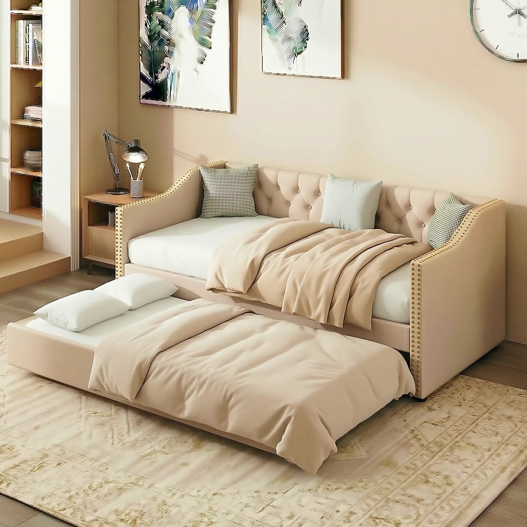 Furnishings Home Polsterbett Daybett Tagesbett Ausziehbett (1 tlg), Schlafsofa, Mit Unterbett, Zwei 90x200 cm Liegefläche, Leinen