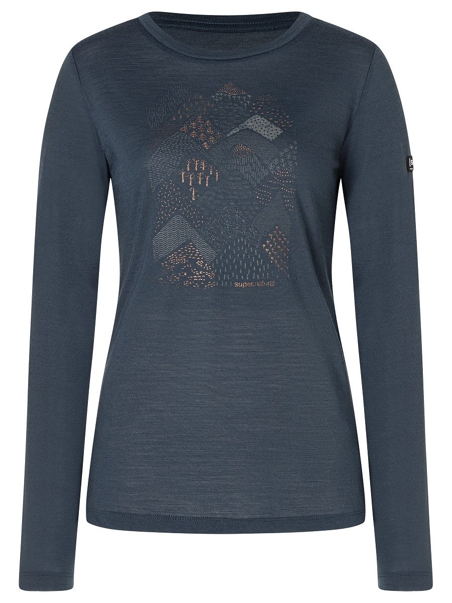 SUPER.NATURAL Langarmshirt für Damen, Merino W HILLY LS mit Berg-Motiv, atmungsaktiv
