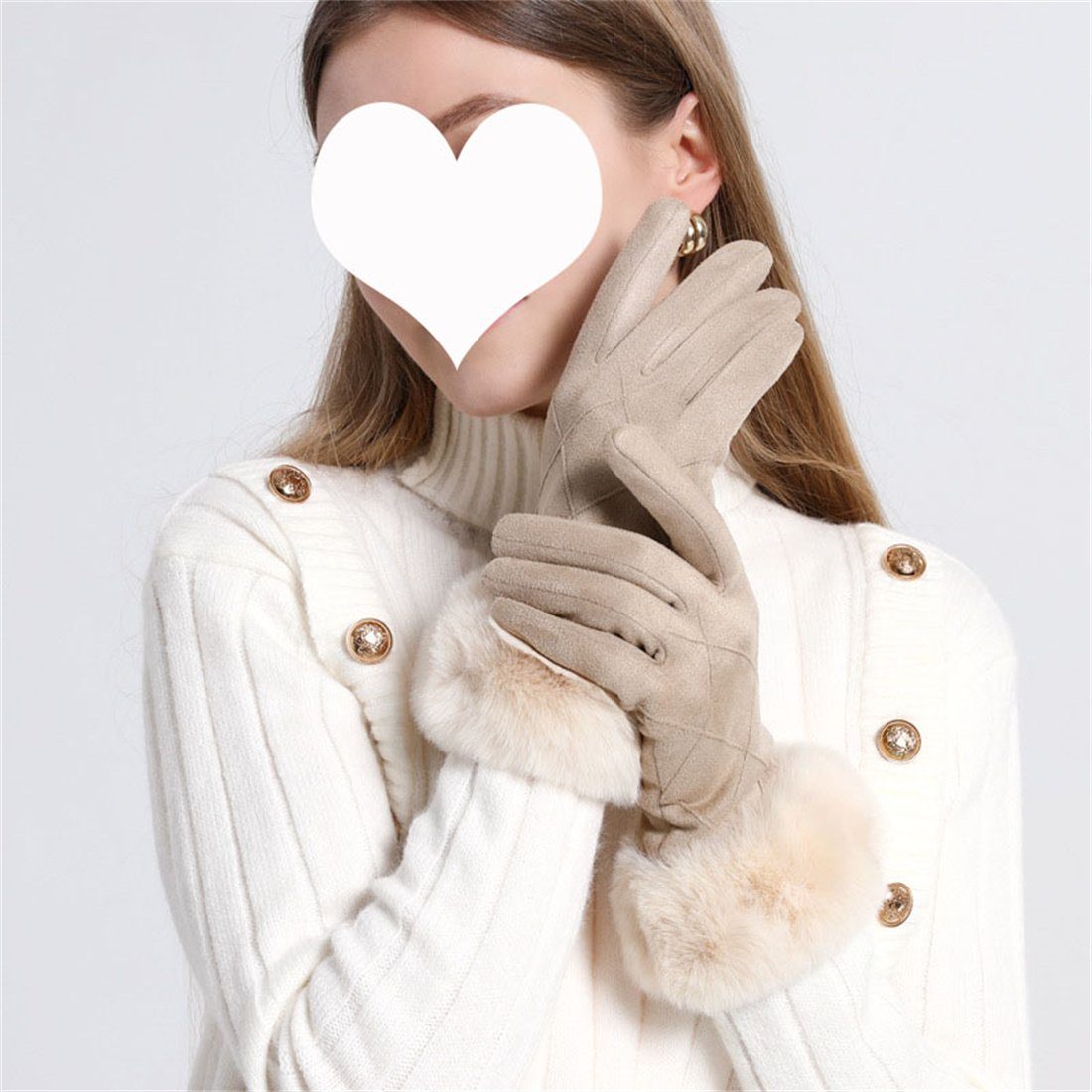 DÖRÖY Fleecehandschuhe Damen Kunstfell gepolsterte warme Handschuhe, Touchscreen Handschuhe Beige | Fleecehandschuhe