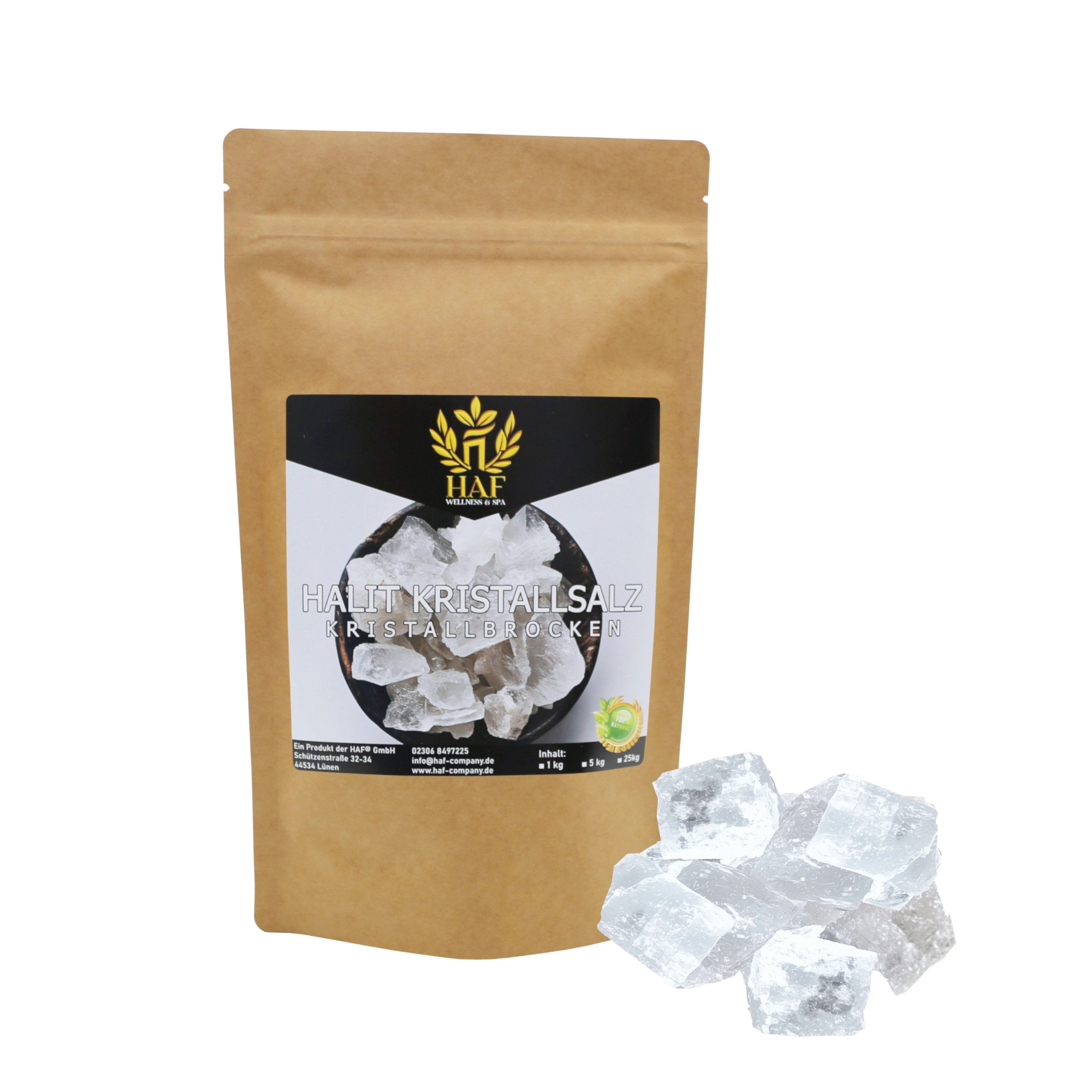 HAF Salzkristalle Weiße Halit Salzbrocken 1 kg Steinsalz Brocken grobes Salz 2-5cm, (Naturbelassen aus der Salt Range in Pakistan, 1 St., 1 x 1 kg im Beutel), Grobe Steinsalz Brocken ohne Zusätze