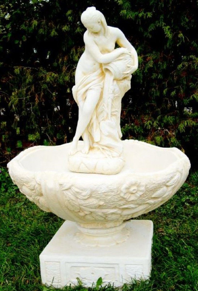 Casa Padrino Gartenbrunnen Jugendstil Gartenbrunnen Frau mit Krug gießt Wasser Weiß / Beige Ø 92 x H. 133 cm - Barock & Jugendstil Gartendeko Brunnen