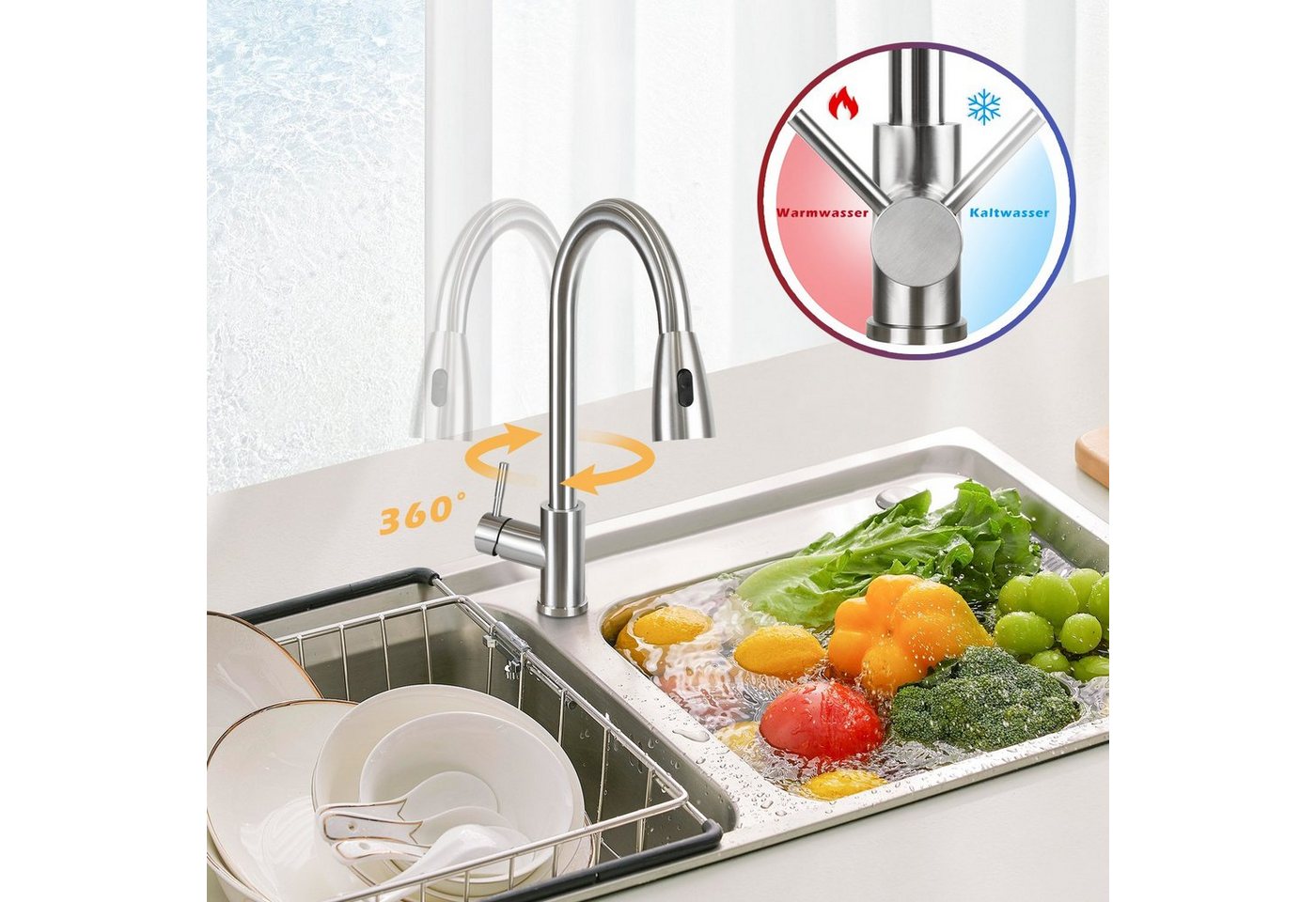 Thumbnail - ZMH Küchenarmatur Wasserhahn Küche Spültischarmatur aus Edelstahl Küche Warm&Kalt (Set, 1-St., Mischbatterie Edelstahl m...