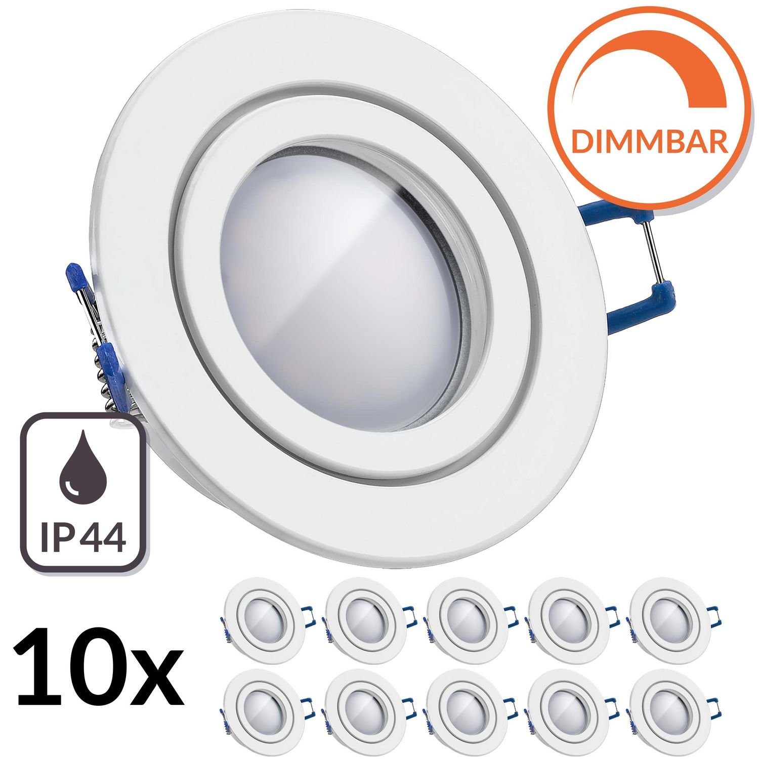 10er LEDANDO FLACH LED Einbaustrahler in IP44 Ma Weiß LED mit EXTRA LED Set (35mm) Einbaustrahler