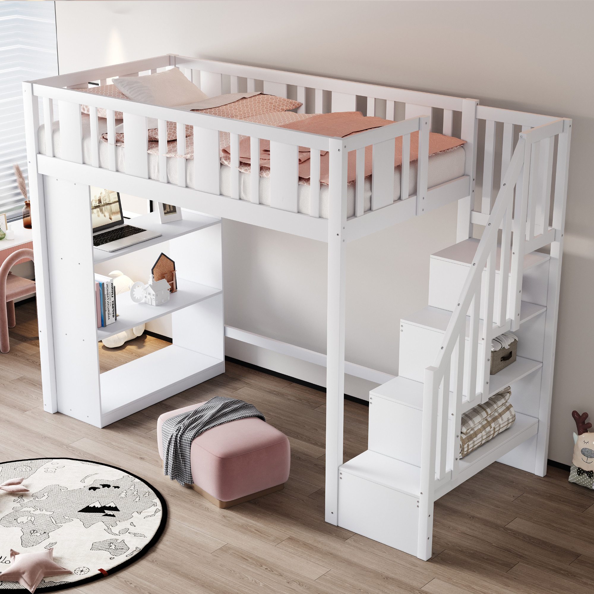 Merax Hochbett 90x200cm mit Stauraumtreppe und Sicherheitsgeländer (1-St) Kieferholz Jugendbett Kinderbett mit 3 großen Staufächern
