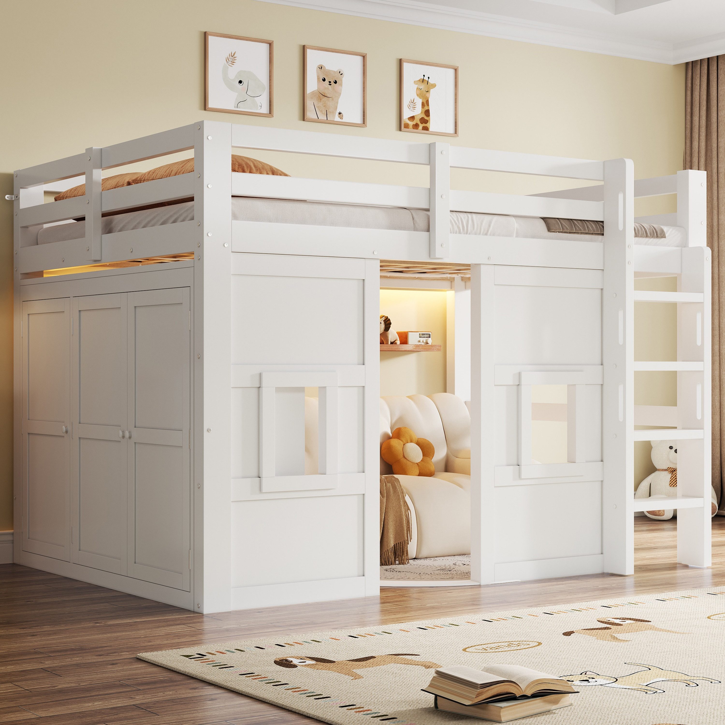 Merax Hochbett mit LED-Beleuchtung (1-St) Kiefernholz Kinderbett 140x200cm mit Kleiderschrank, 2 Fenstern,Leiter – Bild 4 von 5