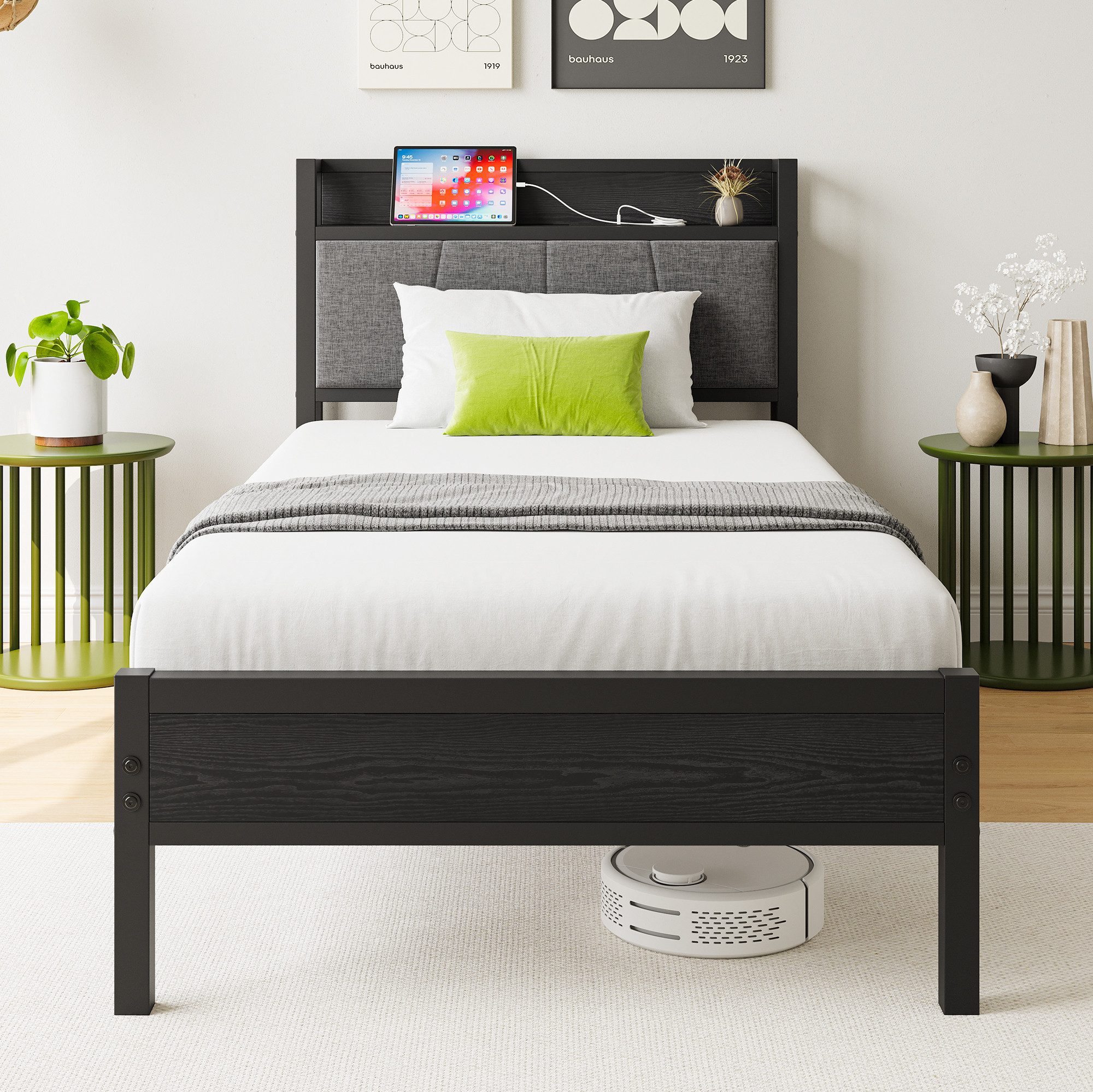 REDOM Metallbett Stauraum-Kopfteil (Einfach zu montieren, kostengünstige Wahl, Metallbett mit 1 Steckdosen, 2 USB-Ladeanschlüssen), 90x200cm,ohne Matratze
