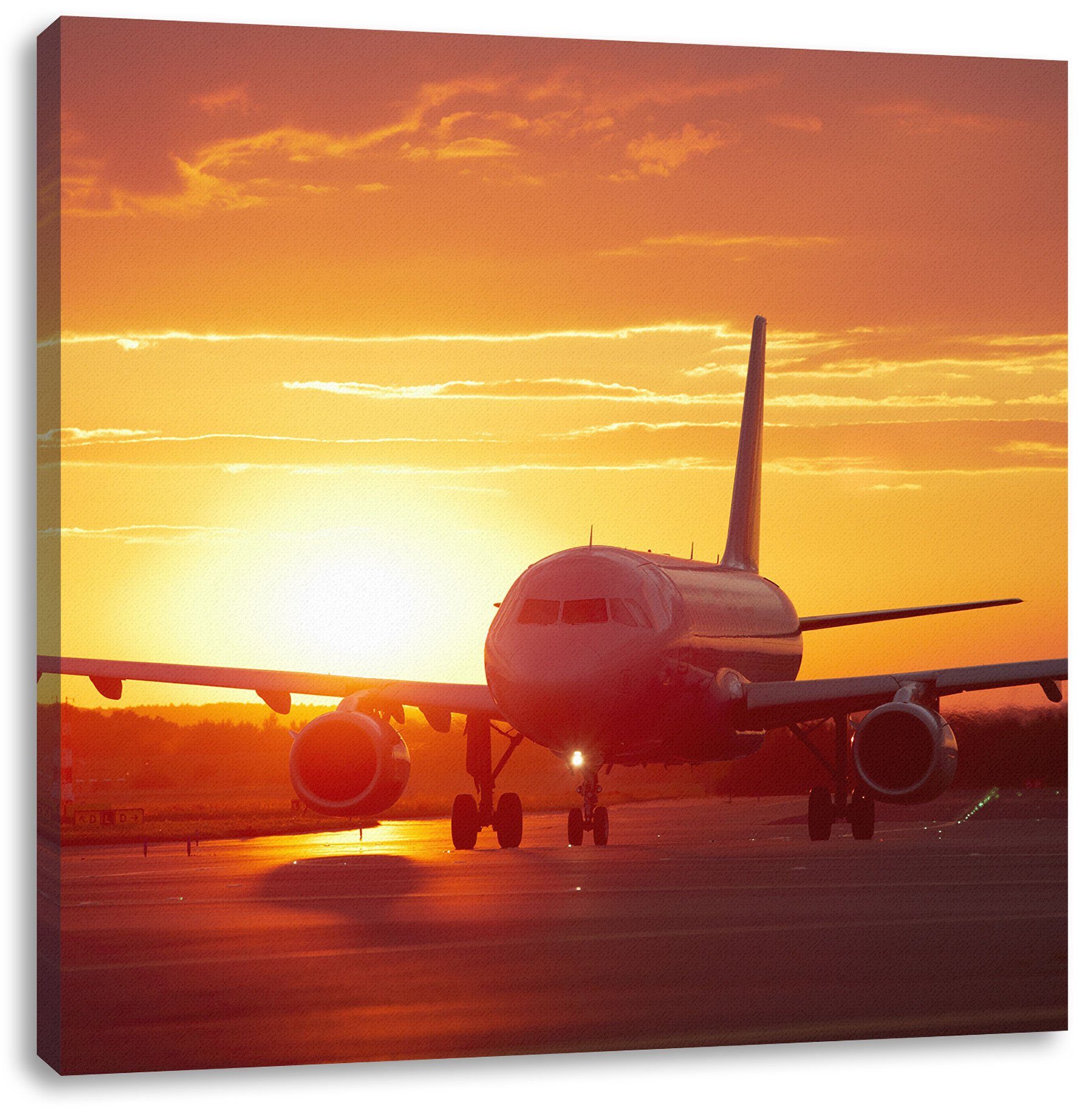 inkl. Leinwandbild (1 Sonnenuntergang fertig Zackenaufhänger Leinwandbild Flugzeug Sonnenuntergang, im St), im bespannt, Pixxprint Flugzeug