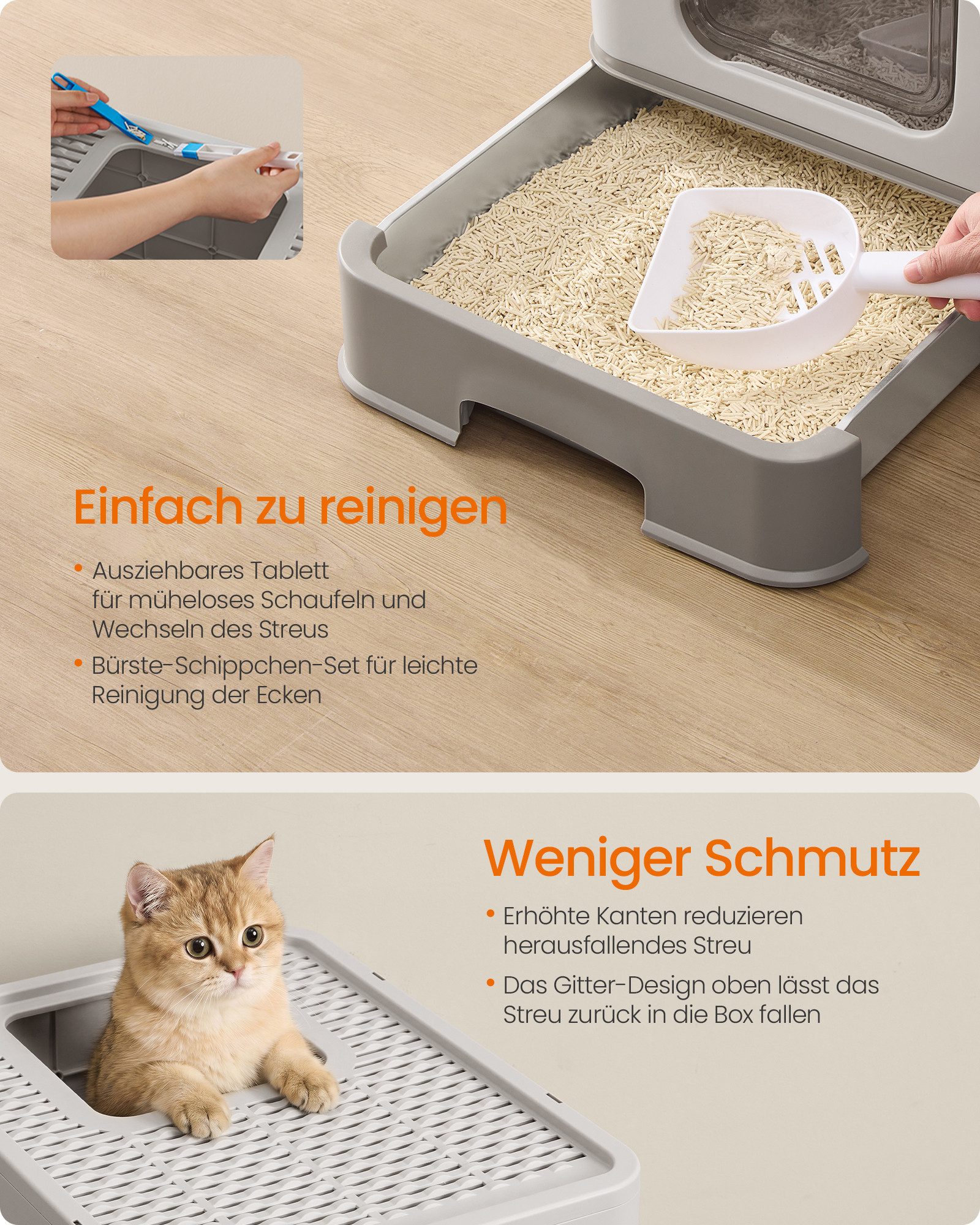 FEANDREA Katzentoilette Katzenklo Edelstahl, für Katzen bis 15 kg, mit Schublade, Schaufel, Bürste, 2 Eingänge