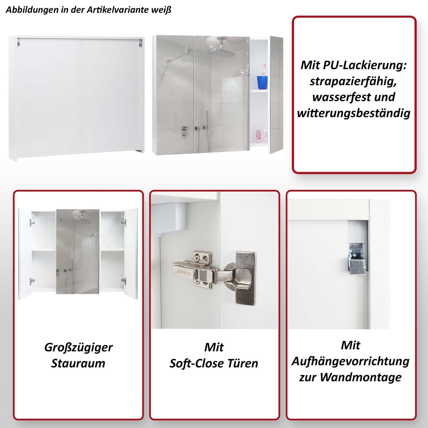 MCW Badezimmerspiegelschrank MCW-B19b-80 Hochglanz-Optik – Bild 4 von 5