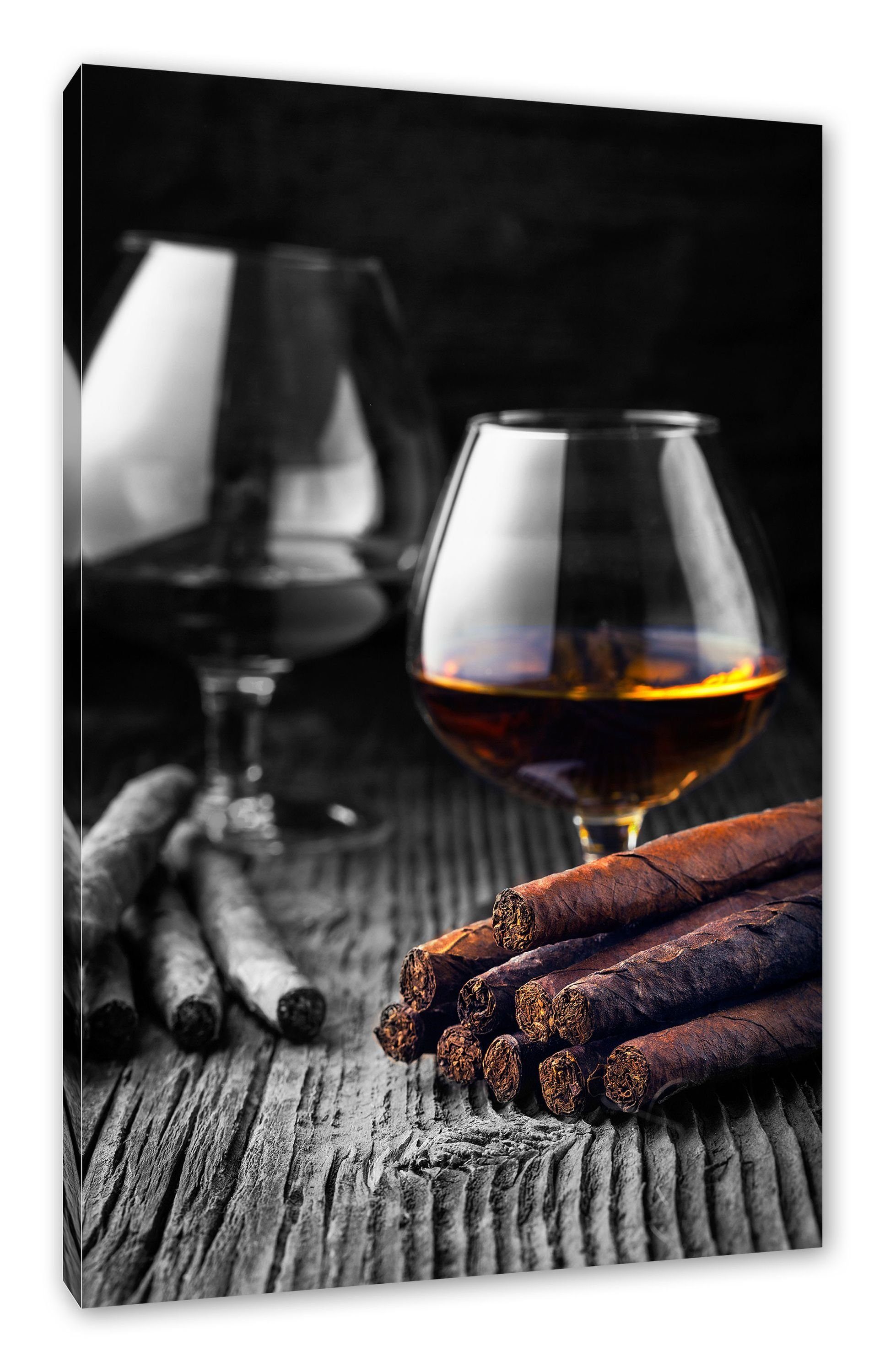 Leinwandbild auf Pixxprint auf fertig bespannt, (1 inkl. Zackenaufhänger mit Holztisch, Leinwandbild mit St), Zigarren Holztisch Whisky Zigarren Whisky