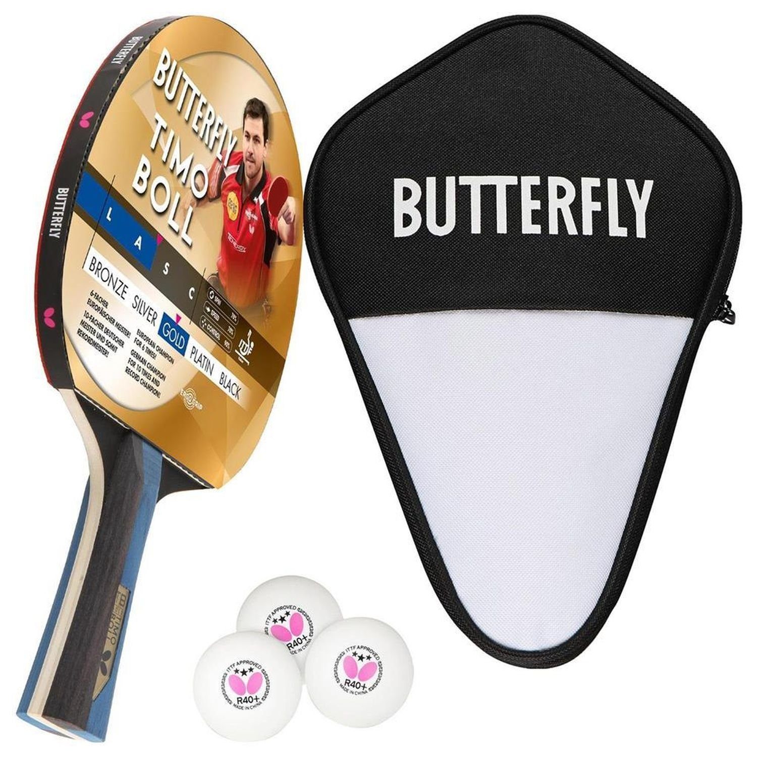 Tischtennisschläger 1x Timo Boll Gold 85021 + Cell Case 1 + Bälle