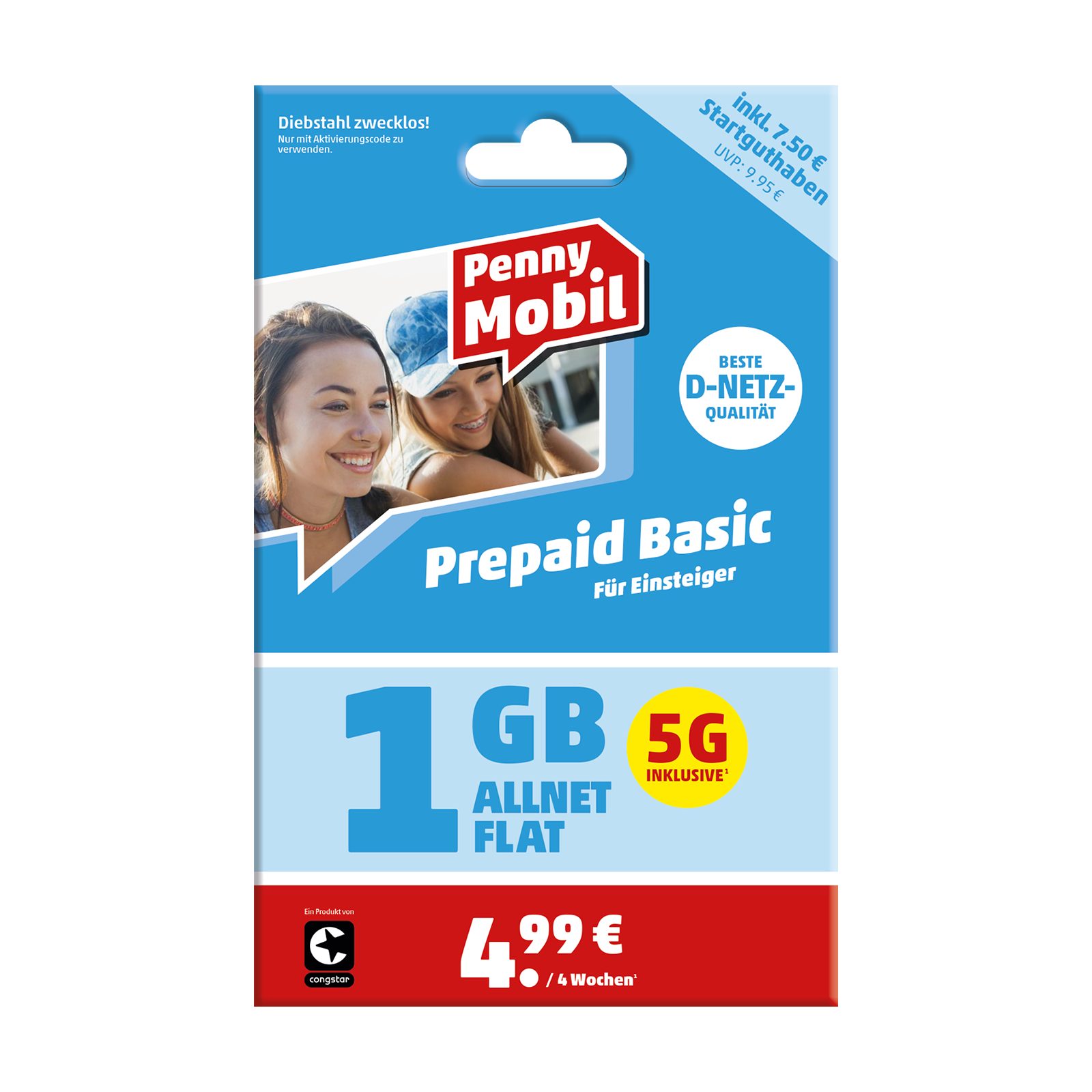 Penny Mobil Prepaid Basic Simkarte mit 7,50 € Startguthaben Prepaidkarte, (EU-Roaming inkl. Schweiz)