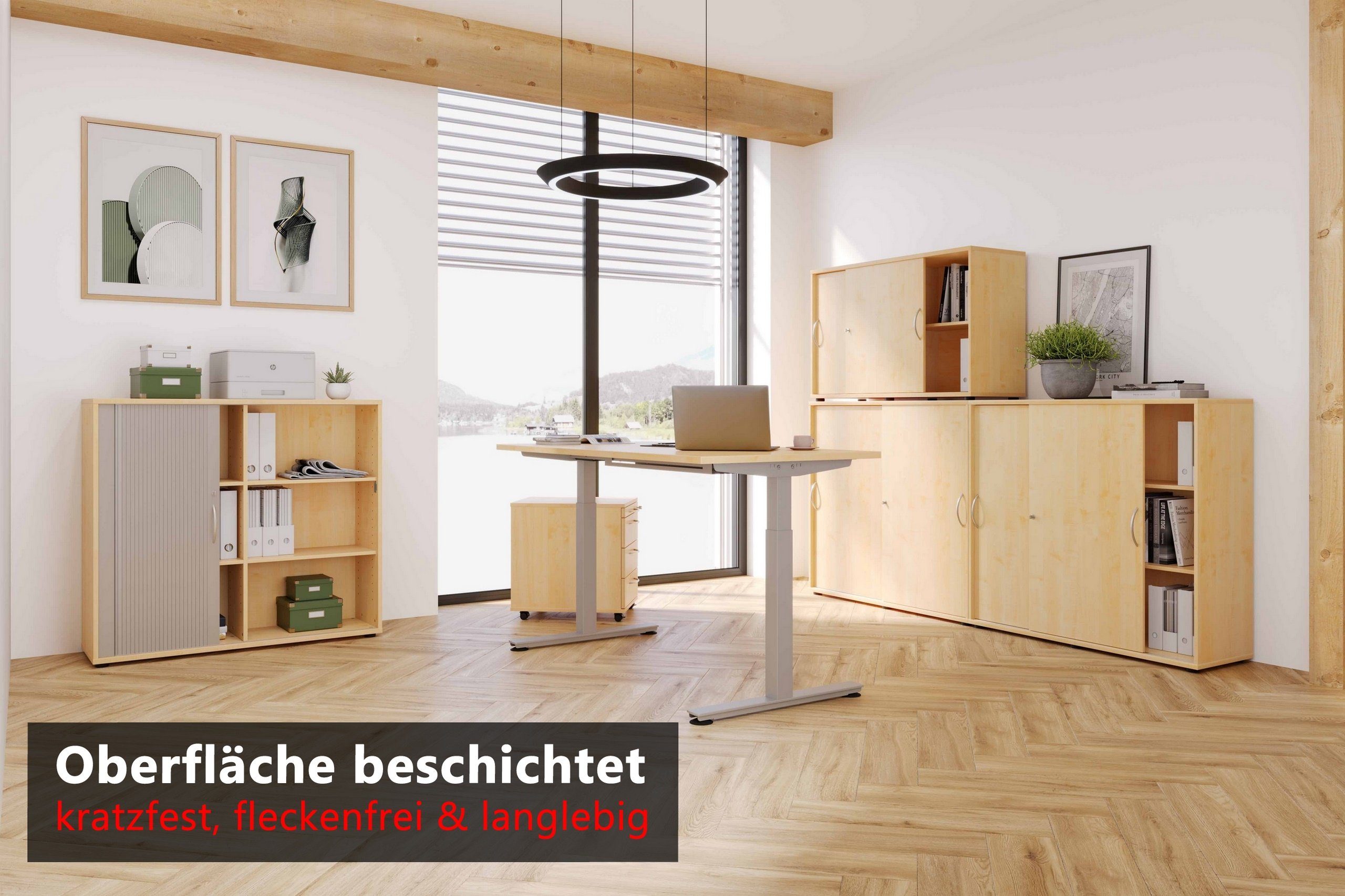 bümö Aktenschrank Buche/Silber Bogengriff - Griffe: Ordnerhöhen - Rollladenschrank 3 office (Metall) Dekor