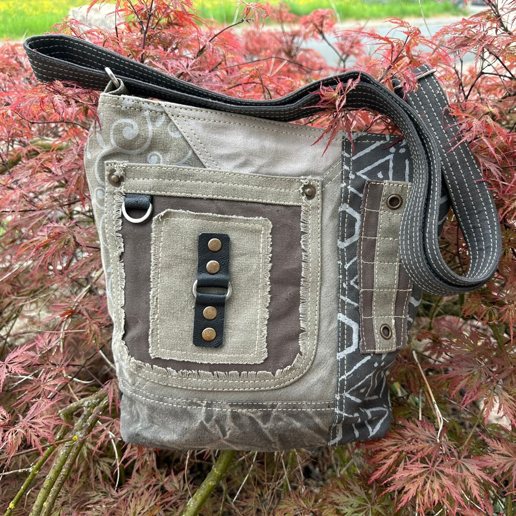 Sunsa Umhängetasche Sunsa Damen Umhängetasche. Canvas Crossover Tasche in grau Khaki, Vintage Patchwork Look