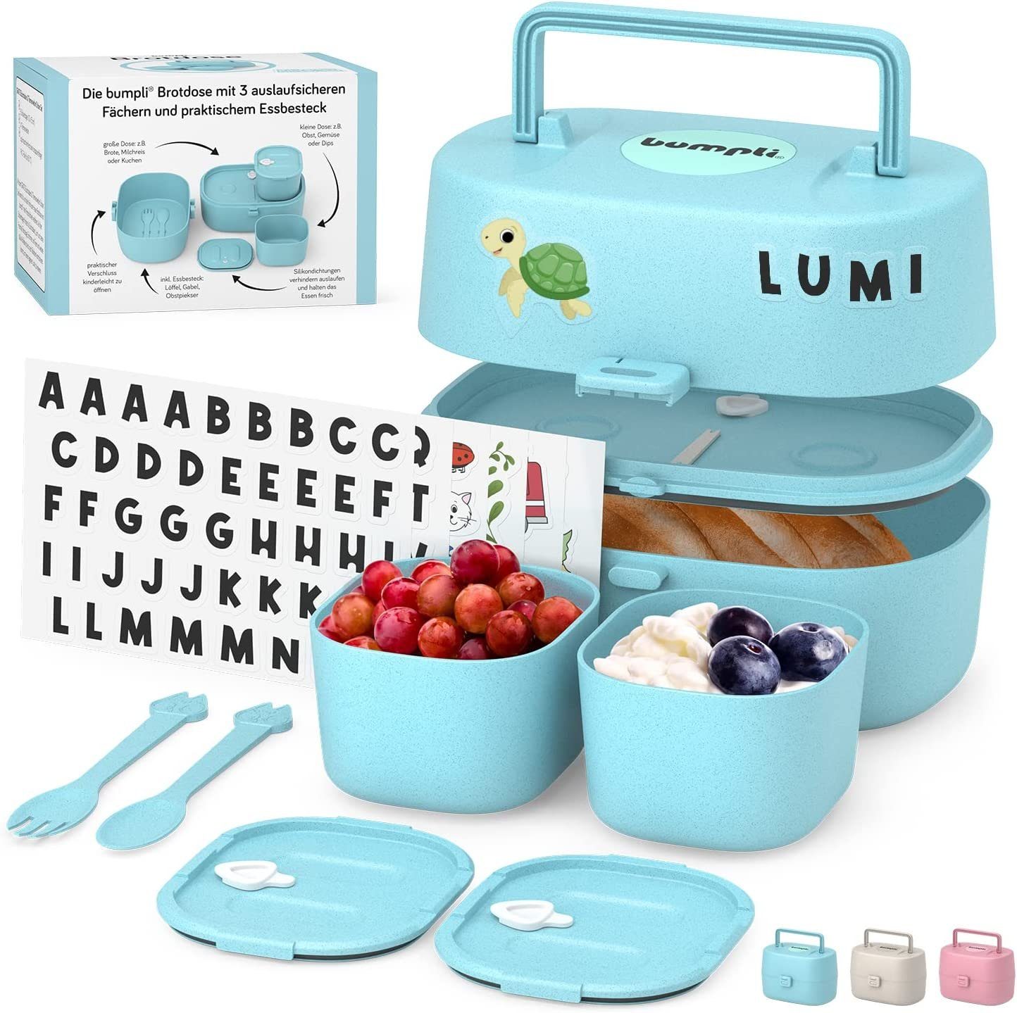 bumpli® Lunchbox Kinder Brotdose mit 6 Fächern & gratis Namenssticker - sichere Nutzung, BPA-freie und auslaufsichere Vesperdose Blau
