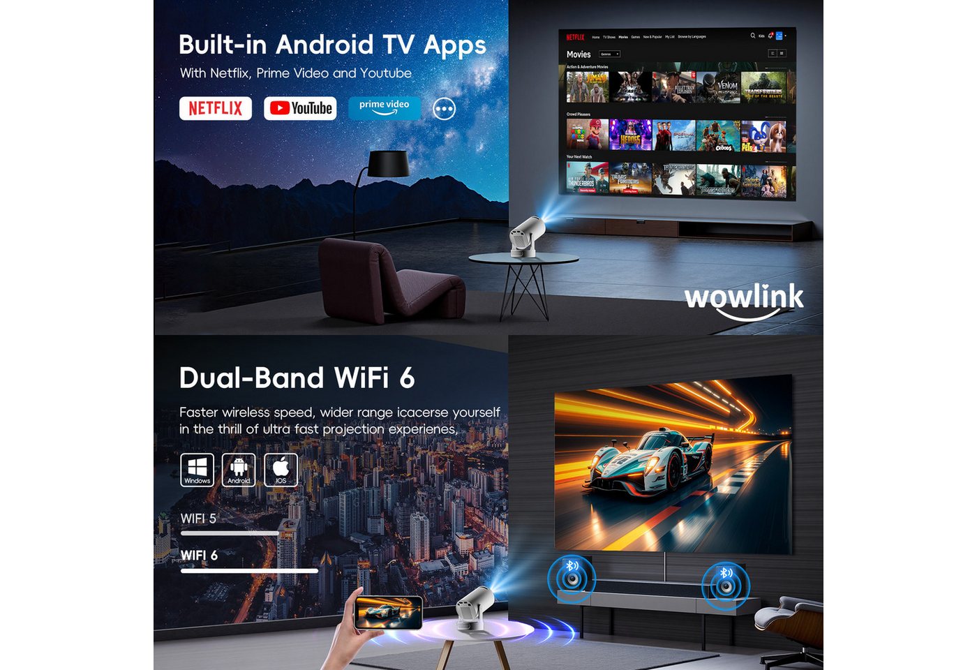 wowlink Mini Beamer Unterstützt 4K 1080P, Projektor mit WiFi 6, Bluetooth 5.4 Beamer (200 lm, 10000:1, 4K px, Automatische Trapezkorrektur mit HDMI/TV Stick/Laptop) weiß