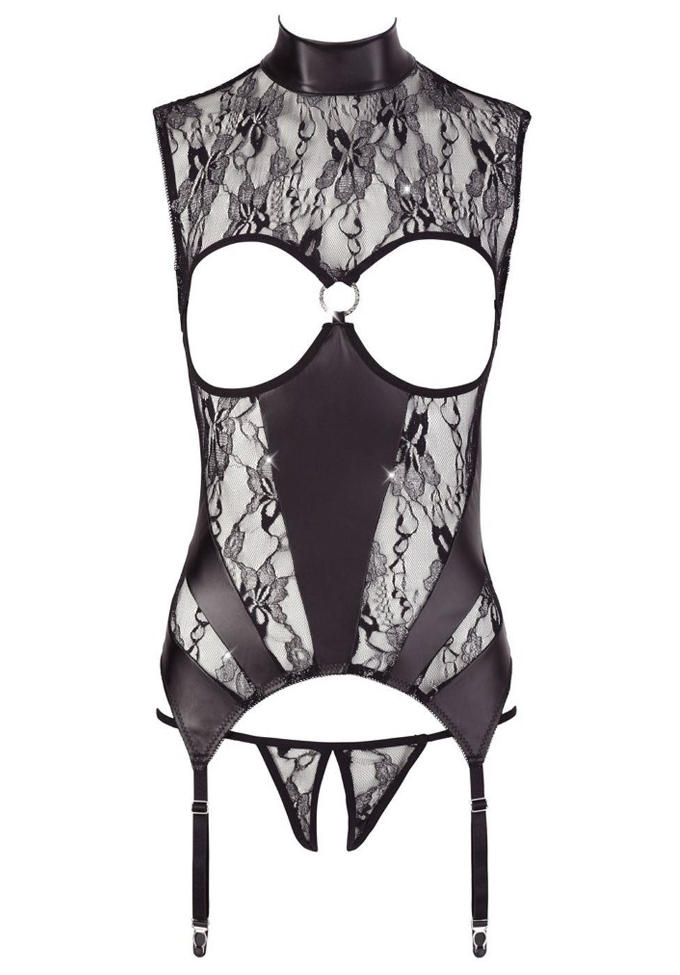 Abierta Fina Set: Bügelloser BH Busenfreies Strapshemd mit String Wetlook Spitze - schwarz (2-tlg) Busenfrei