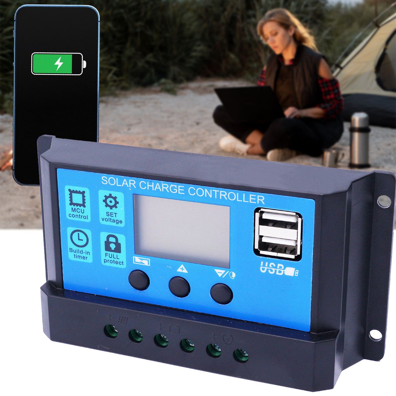 Casativo Solarladeregler Solar-Laderegler 20A 12/24V PWM Lademodus, LCD-Display & 2x USB-Ports, Solarregler für 12- und 24-V-Akkus/ideal für Wohnmobil, Boot