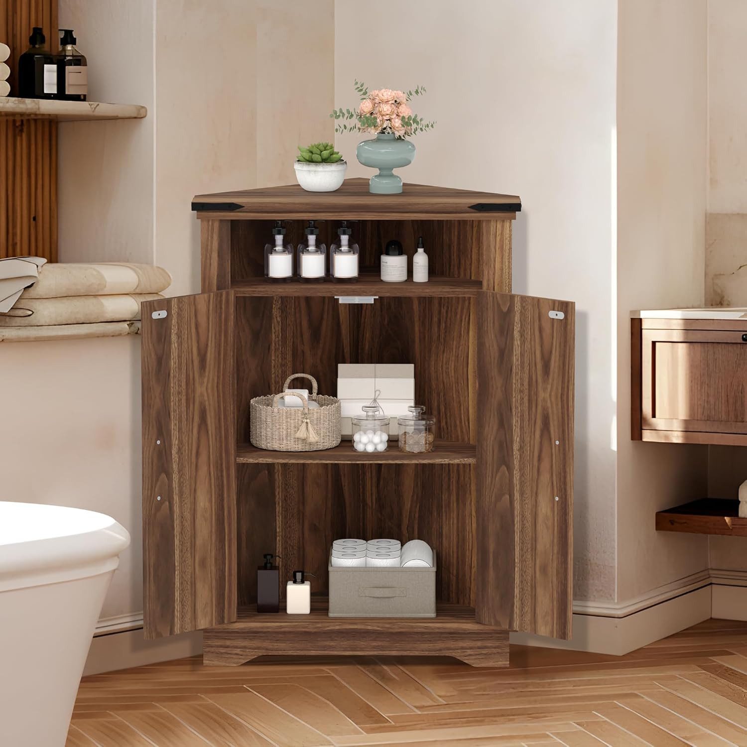 GarveeMore Eckschrank mit Scheunentüren und verstellbarem Regal,Eck-Badezimmerschrank Bauernhaus-Badezimmertisch mit Stauraum für kleine Räume,Küche