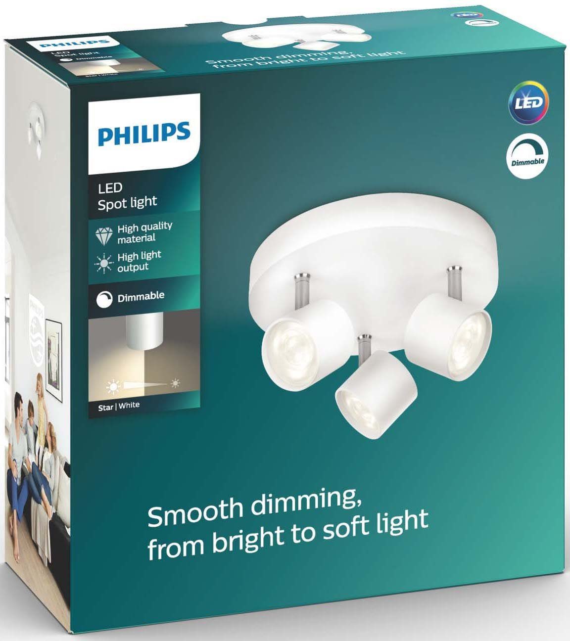 Weiß LED Spot integriert, Philips 3flg. myLiving Warmweiß, 1500lm, Star, LED fest Deckenspot