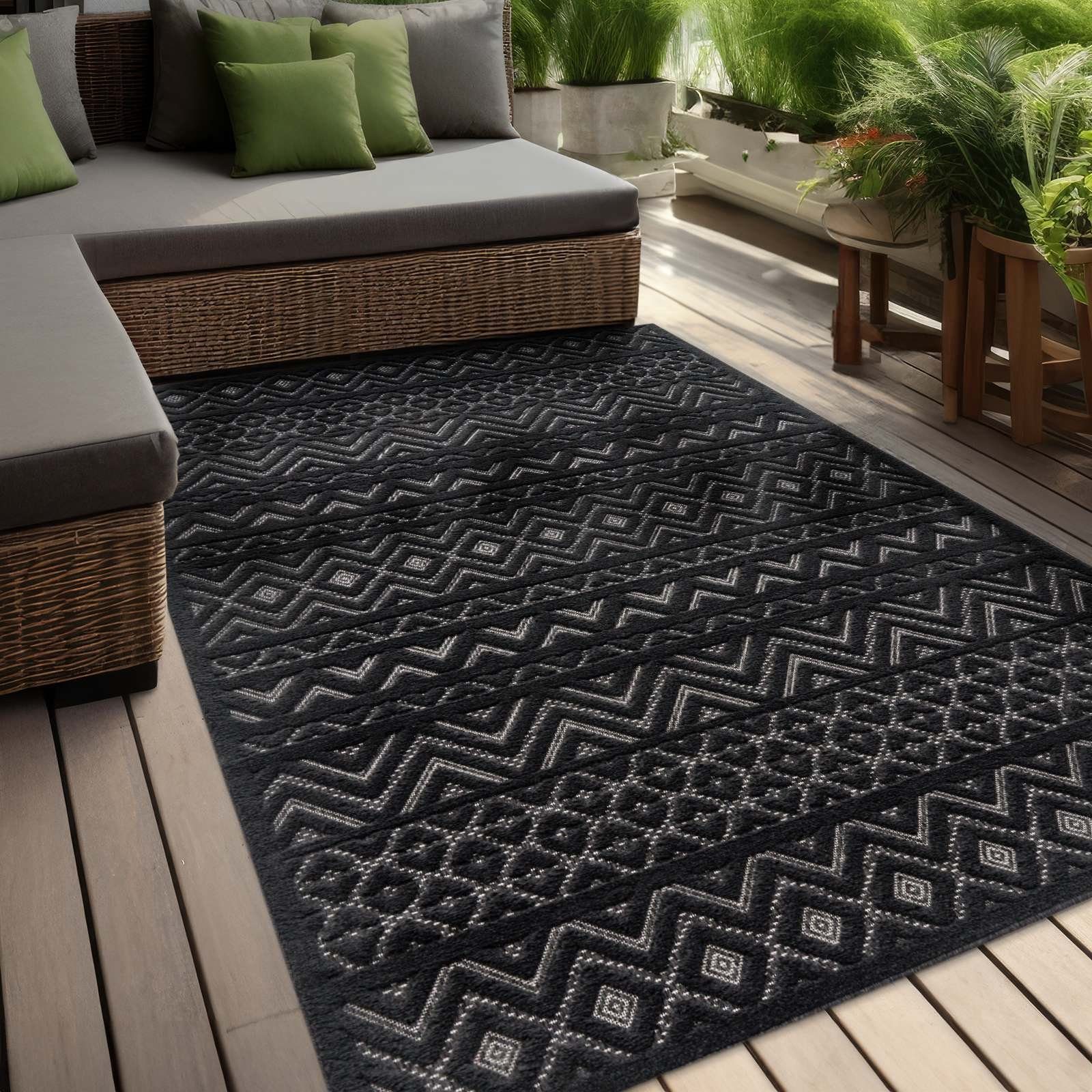 Teppich Indoor und Outdoor Teppich wetterfest Barcelona Orientalisch Scandi, TaraCarpet, rechteckig, Höhe: 10 mm, oriental Boho anthrazit Wohnzimmer Schlafzimmer Esszimmer 80X250