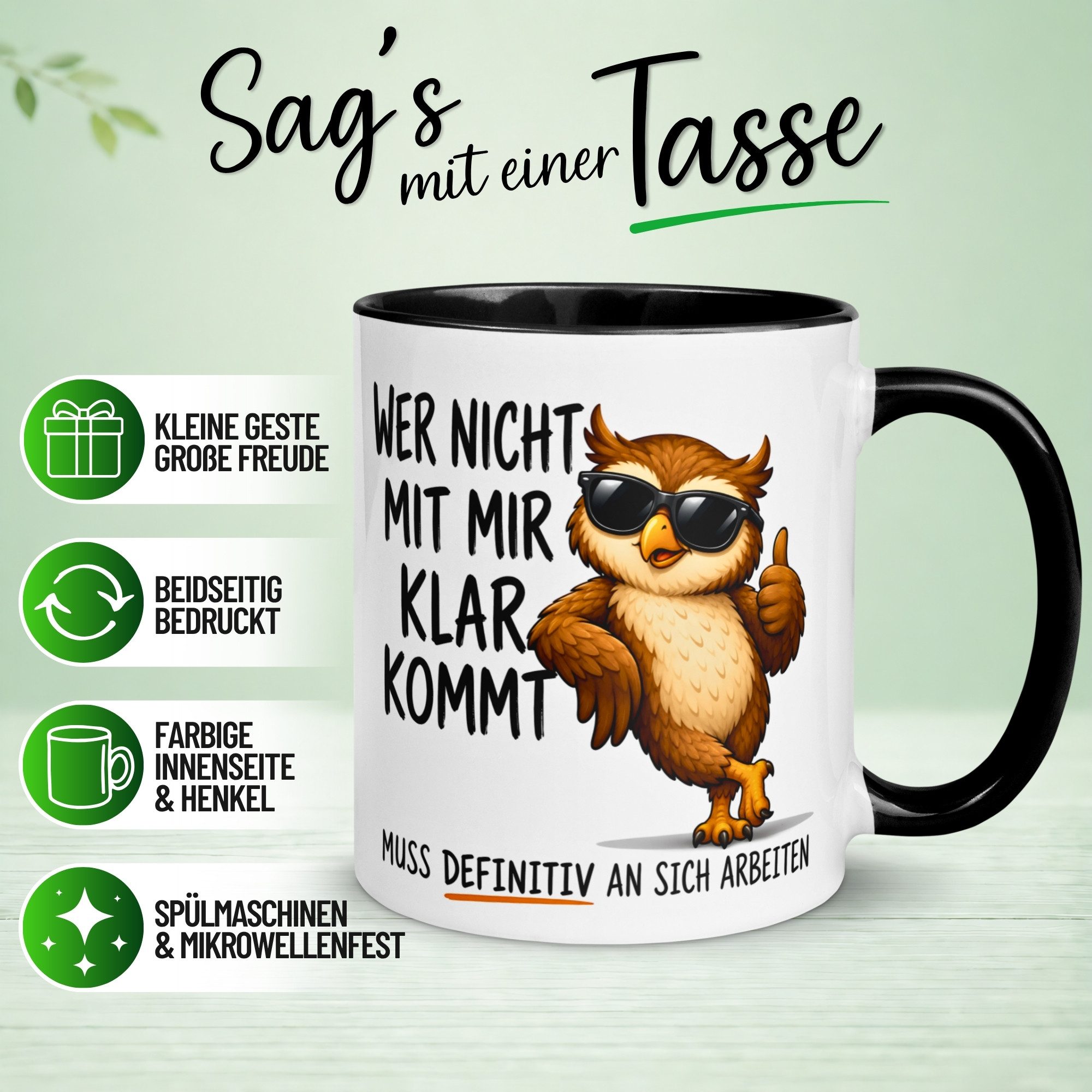 Momentals Tasse Eule – „Wer nicht mit mir klar kommt“ – Eulen Geschenk Becher, Gratis Versand · Links-&Rechtshänder · Spülmaschinenfest – Bild 2 von 5