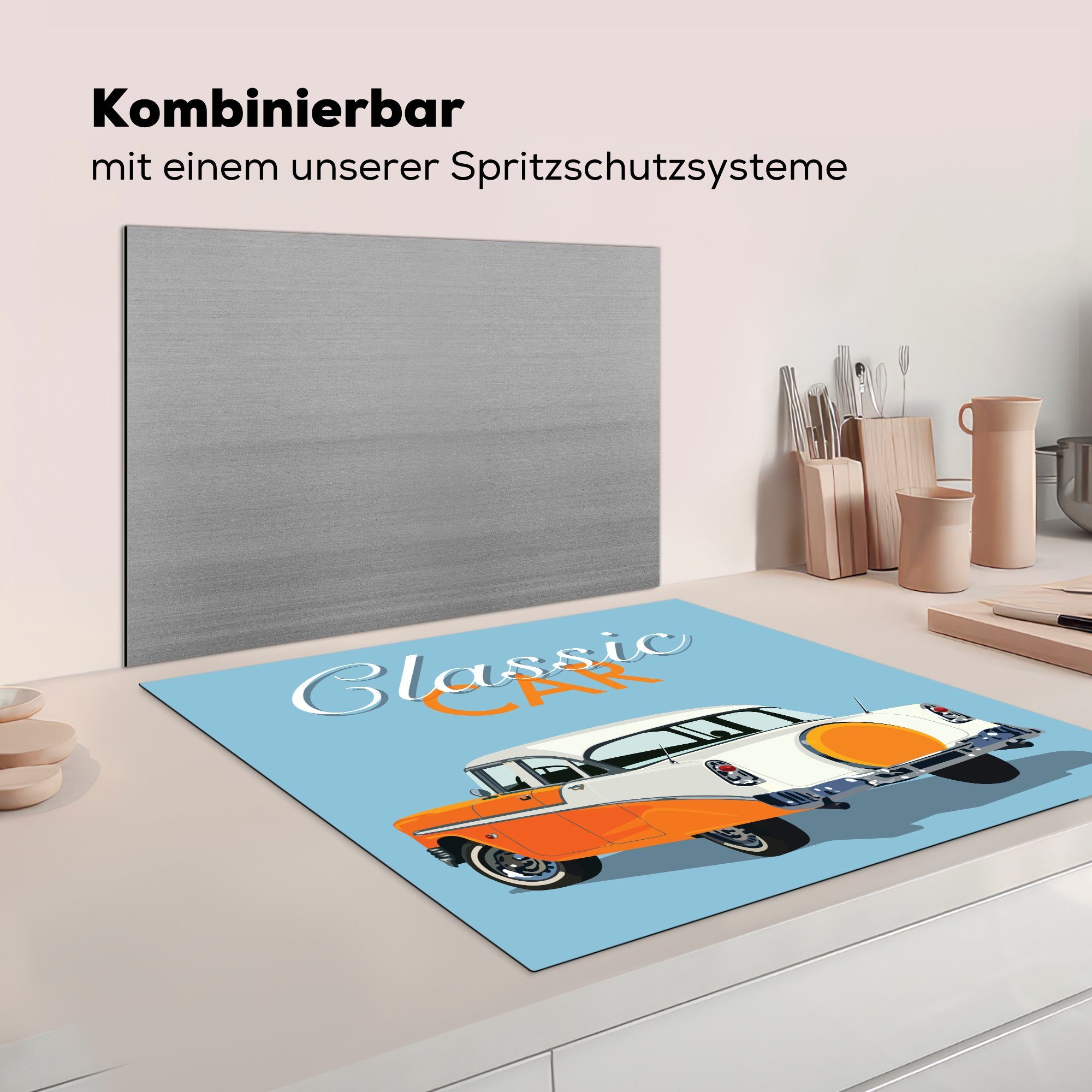 Vinyl, tlg), 78x78 (1 Autos eines für Herdblende-/Abdeckplatte MuchoWow Ceranfeldabdeckung, amerikanischen in Orange, küche Illustration Arbeitsplatte cm,