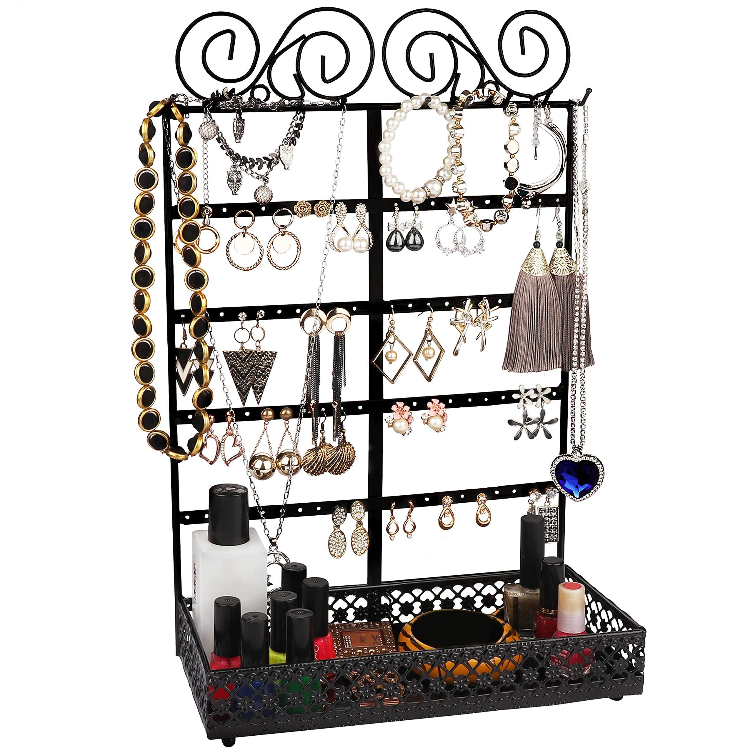 Belle Vous Schmuckständer Jewelry Stand with 80 Holes, 10 Hooks, 5 Rows, Schmuckständer mit Fachboden für 80 Löcher, 10 Haken und 5 Reihen