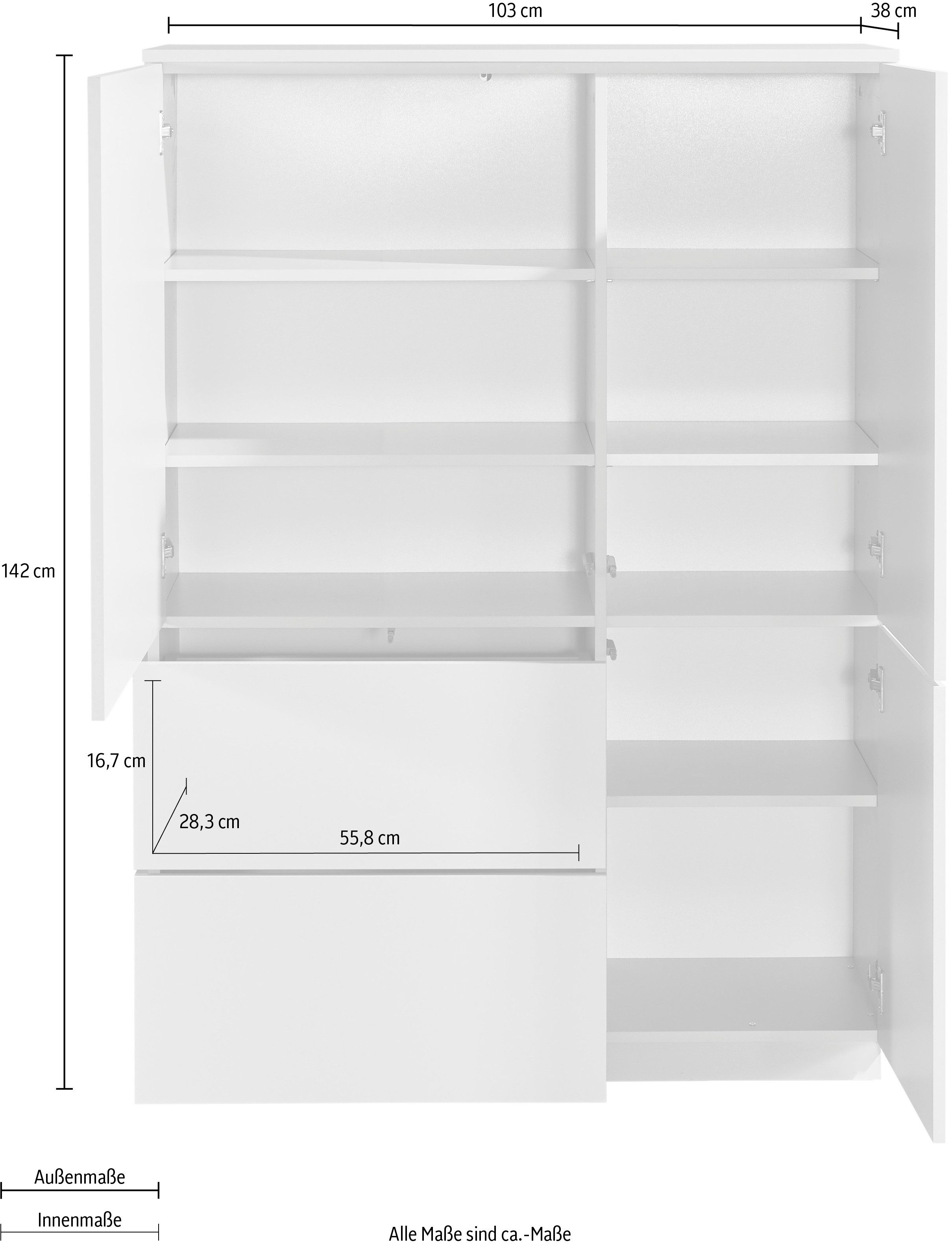 HBZ Highboard Vince Highboard, B/H/T 103x142x38 cm (1 St), Breite 103 cm, Push-to Open, Melaminbeschichtung