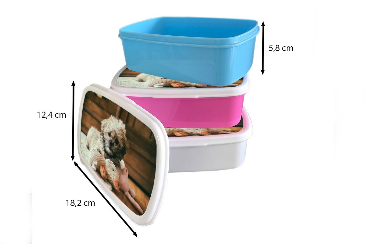 MuchoWow Lunchbox Ein kuschelt, Erwachsene, der Boden weiß Jungs Brotbox Shih und für auf (2-tlg), für und Kunststoff, Brotdose, Kinder Mädchen Tzu-Hund, dem