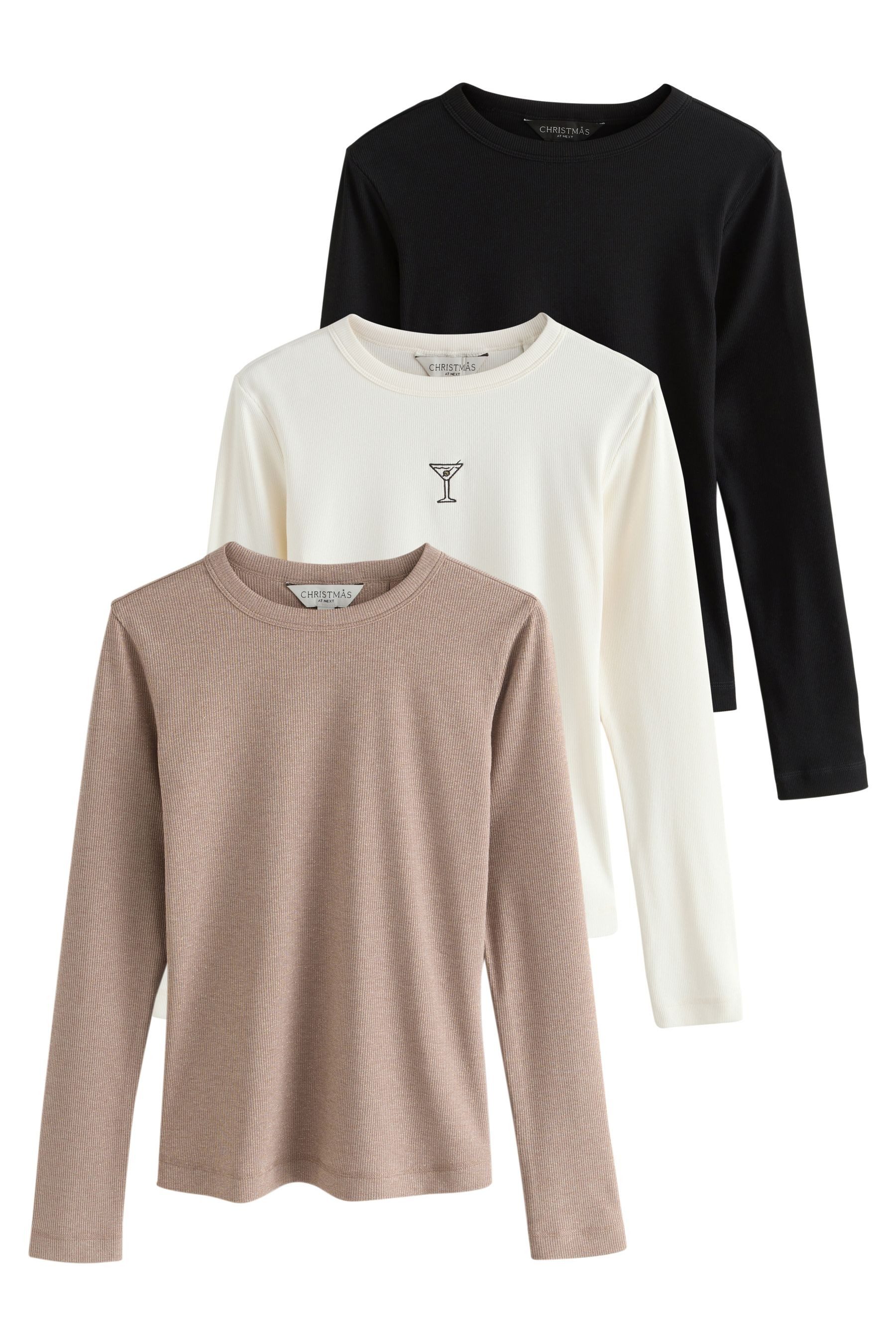 Next Blusenshirt Oberteile mit Glitzer im 3er-Pack, Weihnachten (3-tlg)