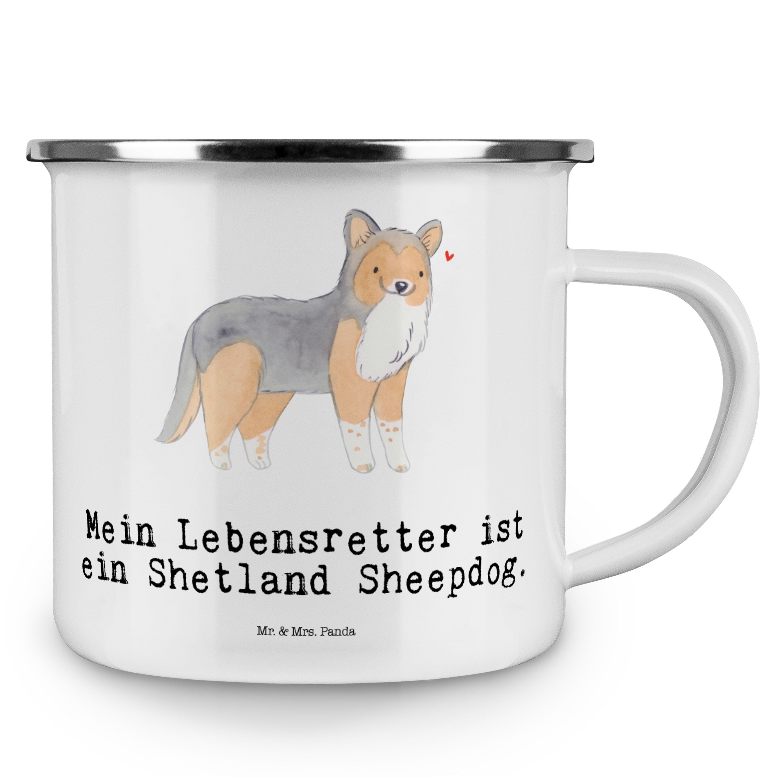 Geschenk, Shetland & Emaille - Mr. Lebensretter Becher - Trinkbecher, Mrs. Sheepdog Weiß Panda Welpe,